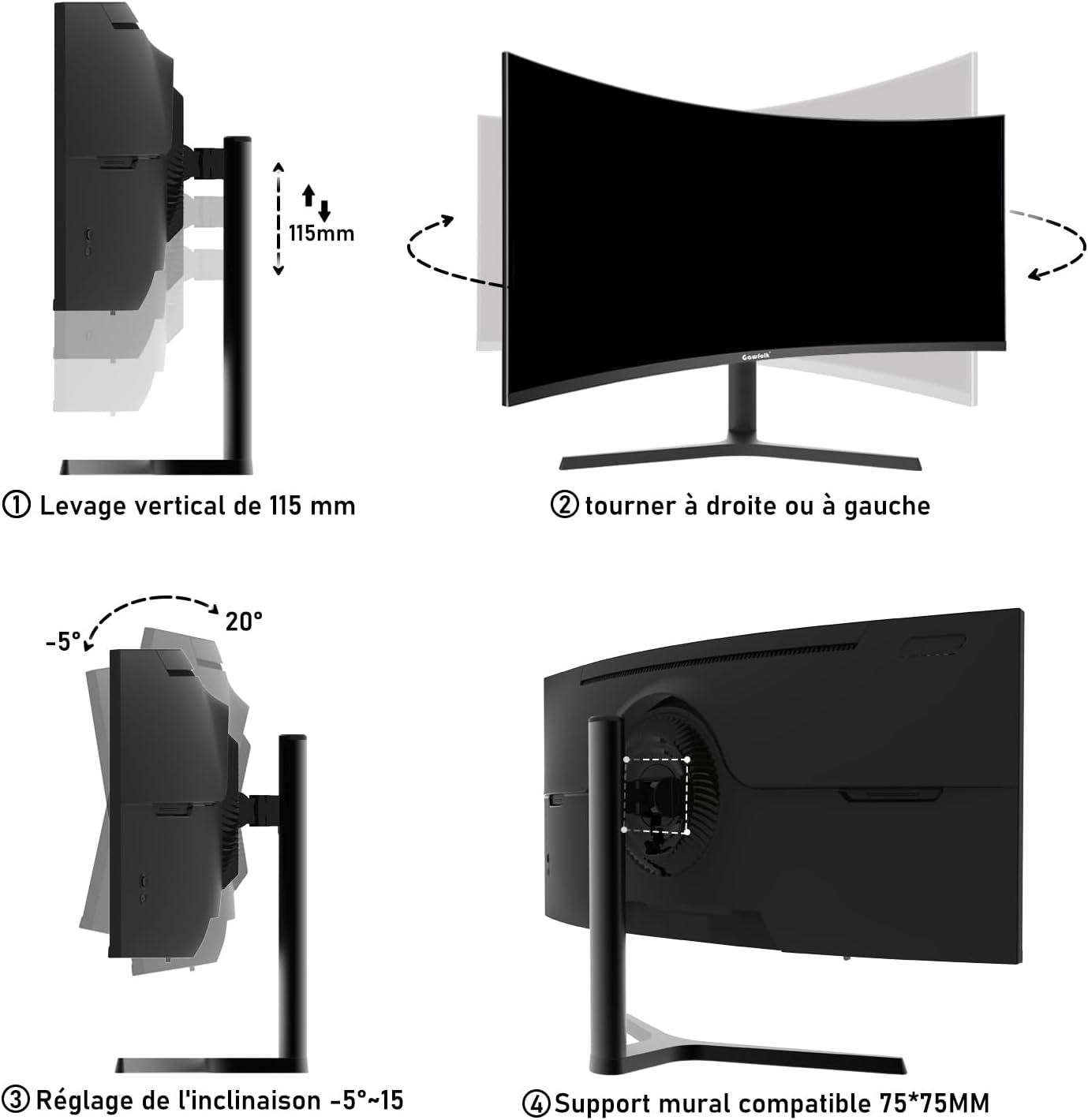 Gawfolk Écran PC Ultra Large 34 Pouces 1000R incurvé 180Hz Gaming Computer Moniteur 21:9 UWQHD (3440x1440),1ms,100% sRGB,Adaptive Sync,Display Port、HDMI,Fonction de Levage,Compatible avec Mural -Noir
