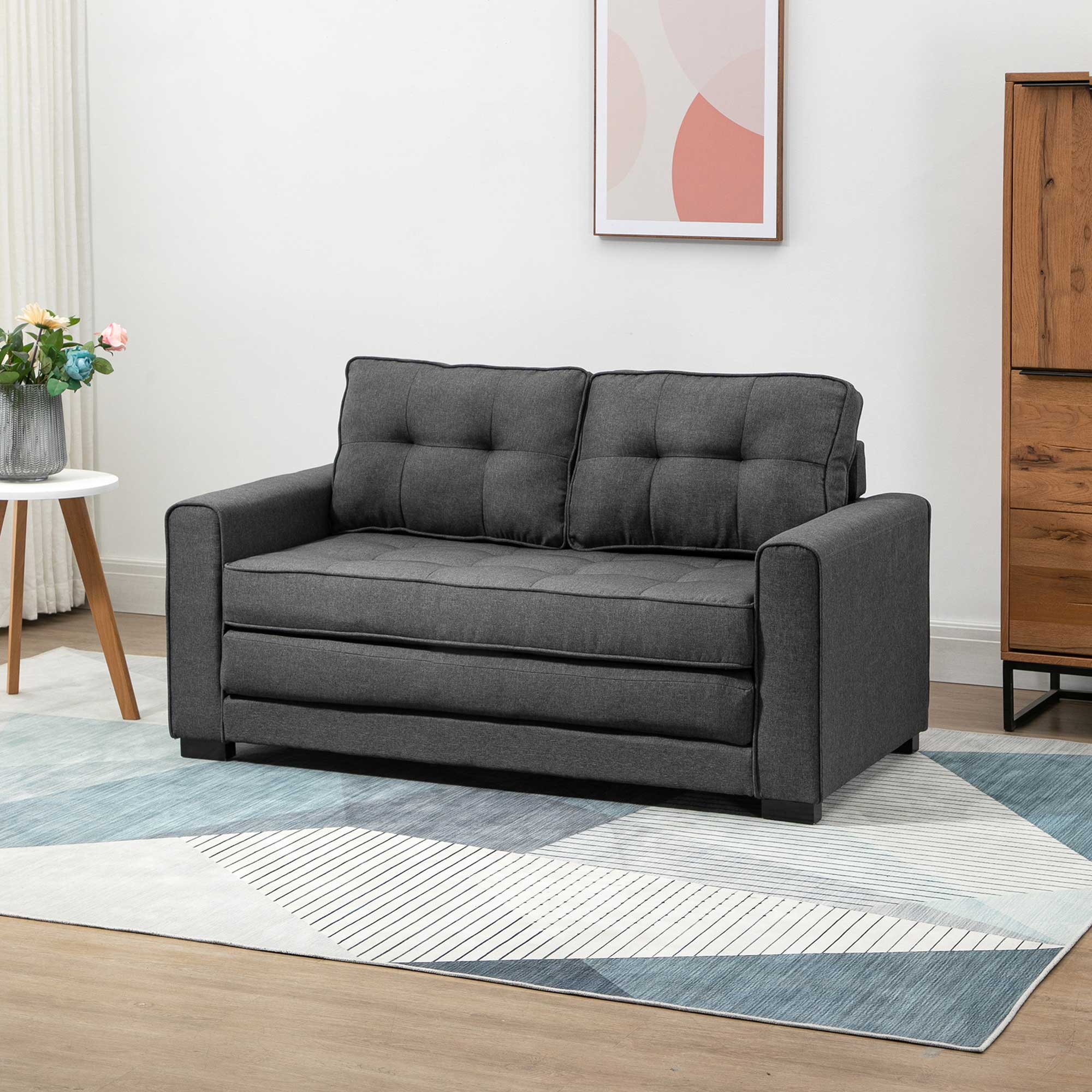 HOMCOM Schlafsofa 2-Sitzer ausziehbar Massivholz Federung Grau