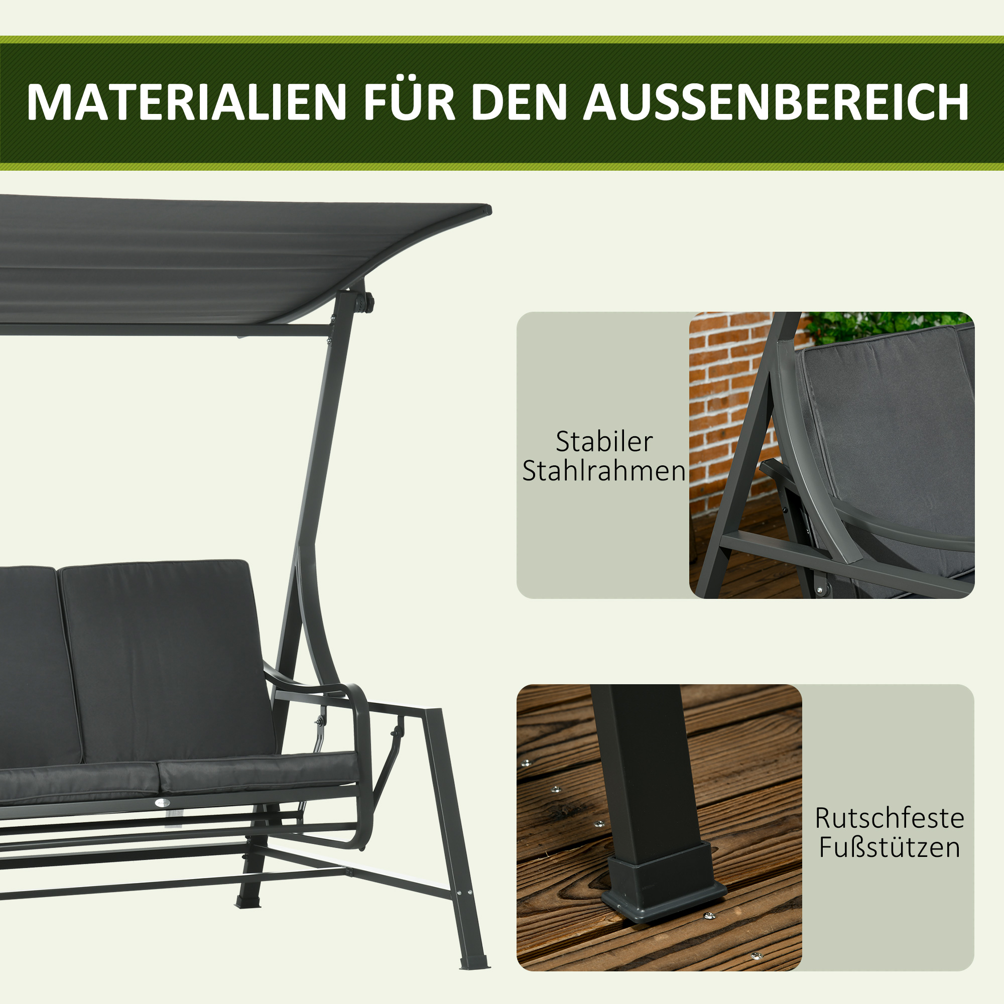 Outsunny tuinschommelset, 2-zits tuinschommelset met baldakijn, grijze kussens