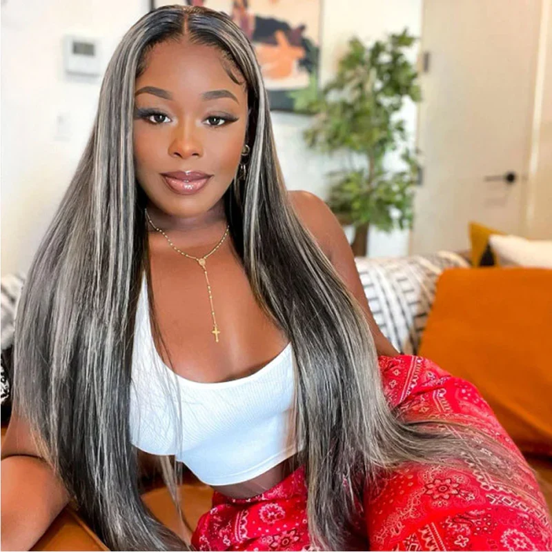 Platinum Gray Highlights Mix Black Straight Wigs 8x5 13x4 13x6 Undetectable HD Lace Front Wig 100% Human Hair