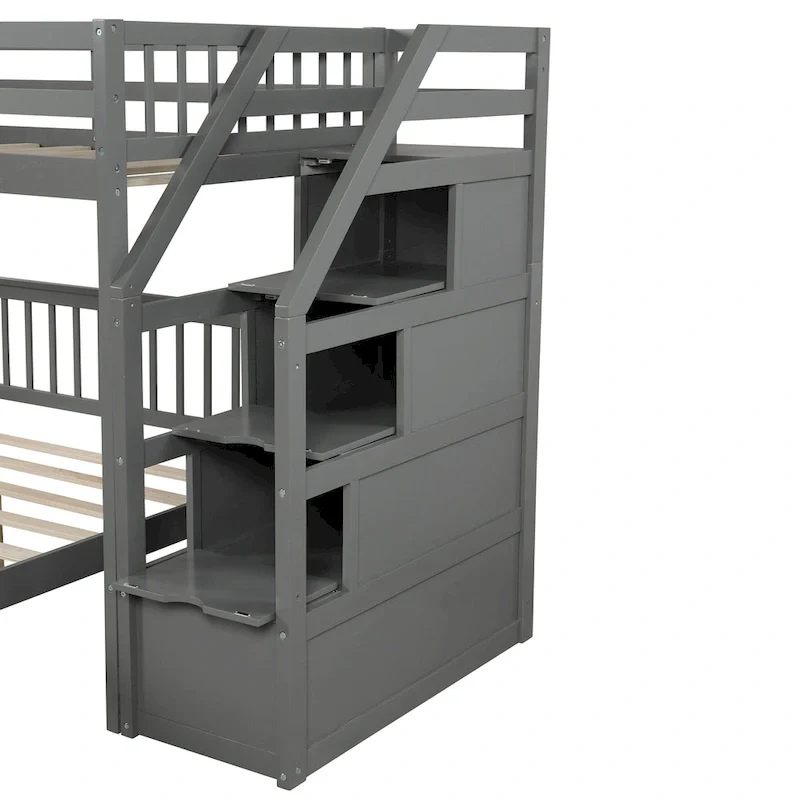 Twin Over Full Wood Loft Bed with Staircase,High Guardrails and Ladder