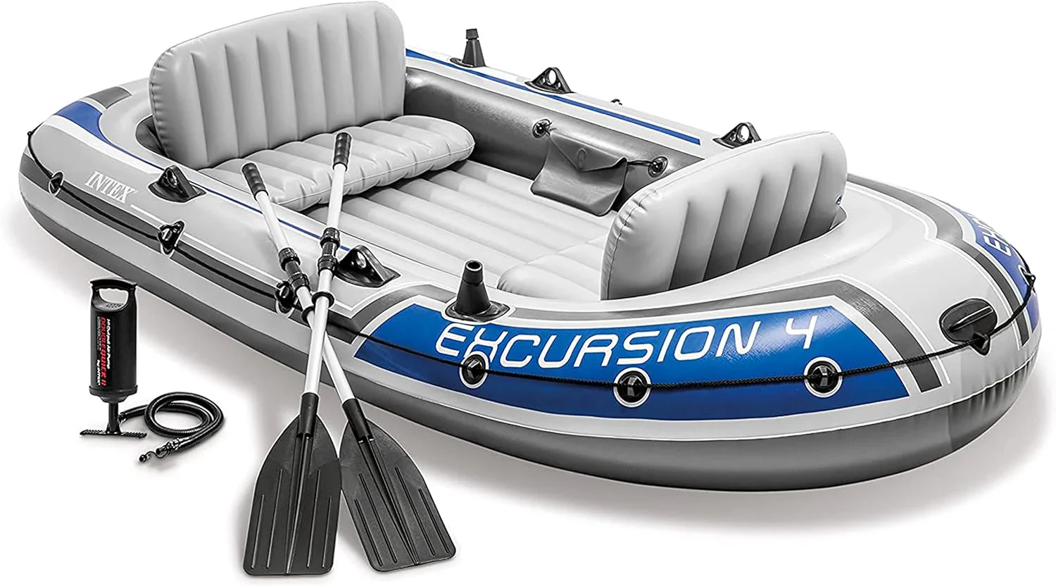 INTEX Excursion Felfújható Csónak Széria: Tartalmazza a Deluxe 137 cm-es Csónakevezőket és Nagy Teljesítményű Pumpát – Szuper Erős PVC – Állítható Ülések Háttámlával – Horgászbot Tartók – Hegesztett Evező Rögzítők