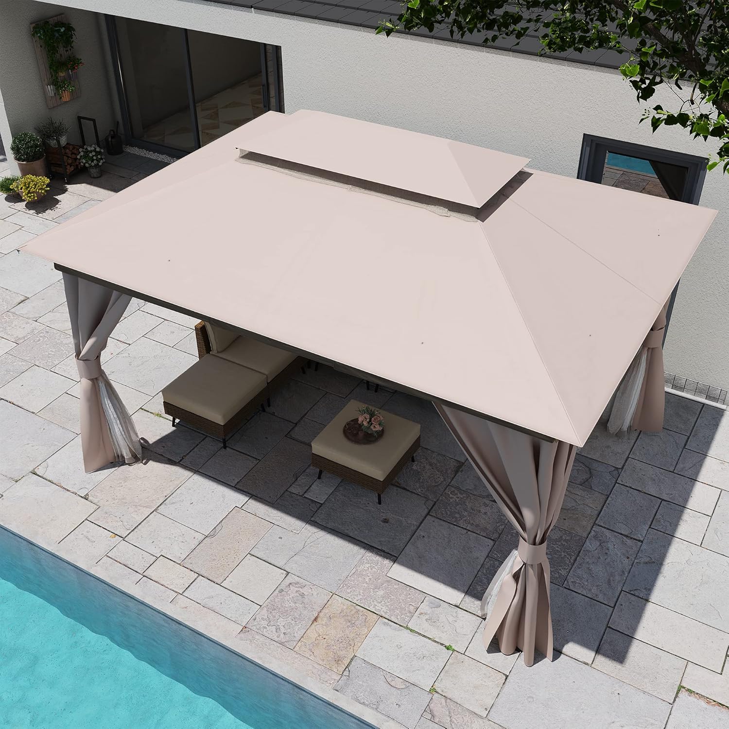 LAUSAINT HOME Semi-Permanent Outdoor Patio Gazebo 10'x13'  Heavy Duty Party Tent Shelter with Double Roofs  Mosquito Nettings and Privacy Screens for Backyard  Garden  Lawn  Khaki