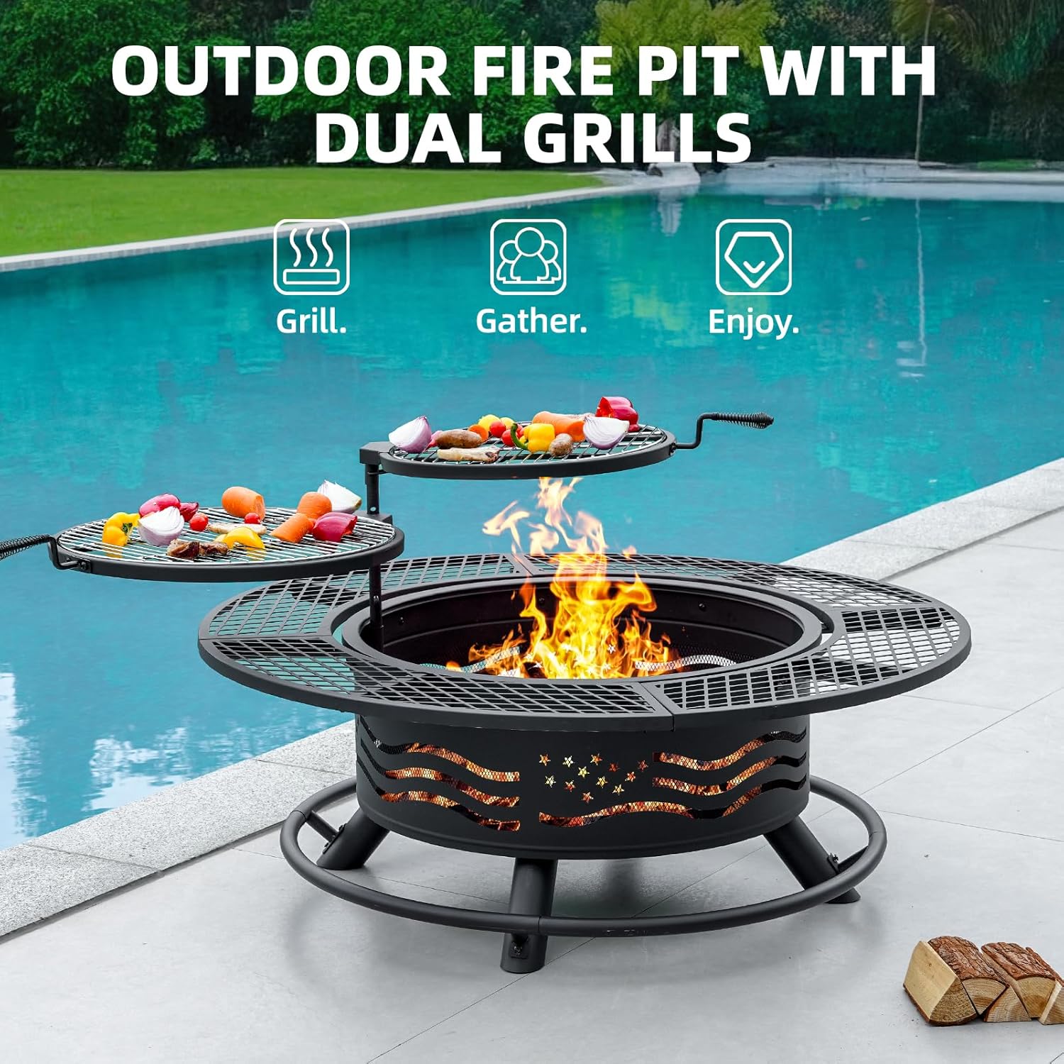 Panovue 47 Inch Fire Pit with 2 Cooking Grates, Outdoor Wood Burning BBQ Grill Firepit Bowl with Cover Lid, Steel Round Table for Backyard Bonfire Patio Picnic (Black, 47IN)