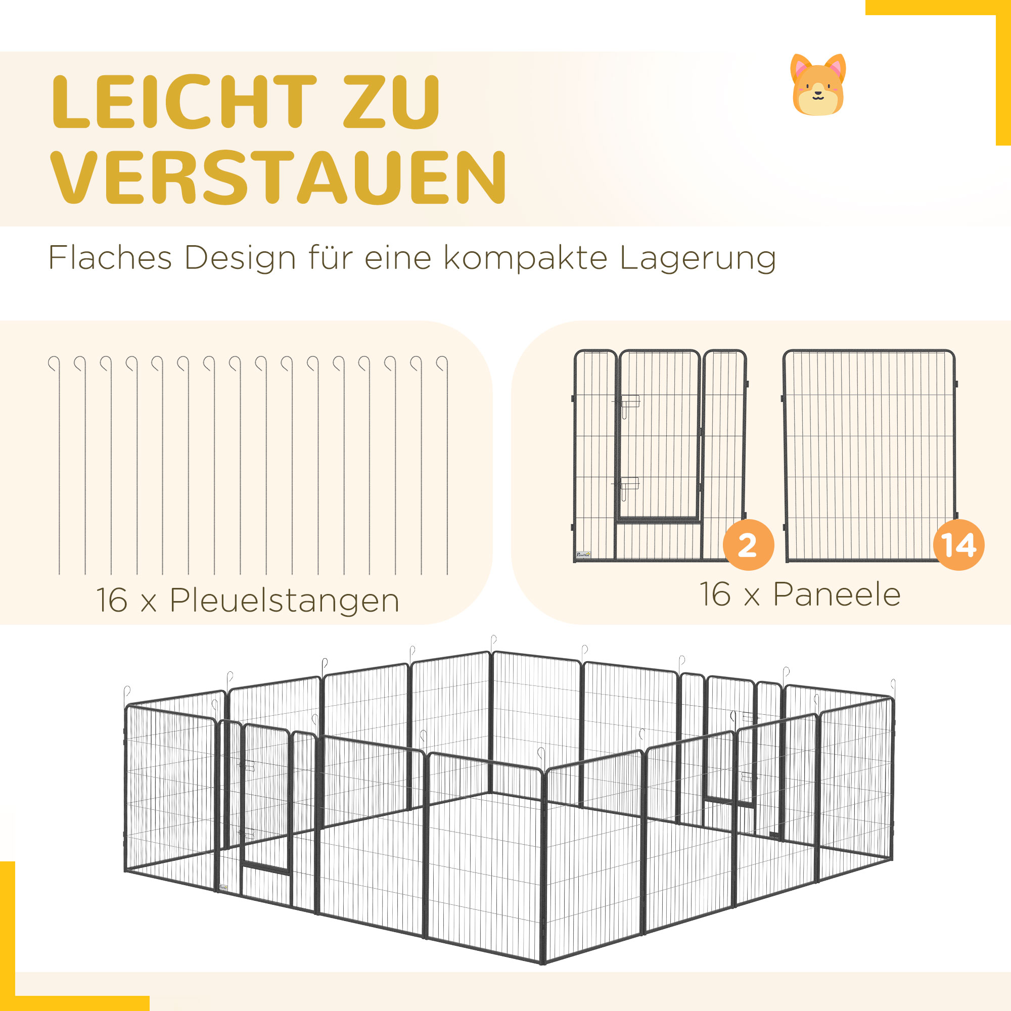 PawHut Puppy Run modulair ontwerp 16 panelen 2 deuren weerbestendig staal 3,2 x 3,2 x 1 m grijs
