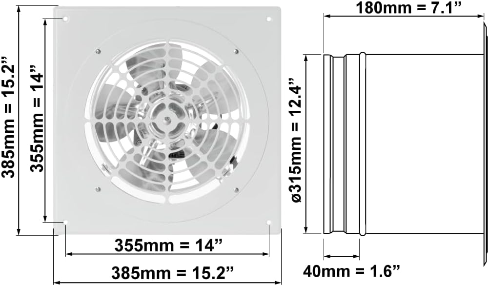 Ø 315mm Wand befestigter Abluftventilator Rohrlüfter Wand Niederdruck Ventilator Wandflansch Zu-Abluft Ø 315mm Weiß metall