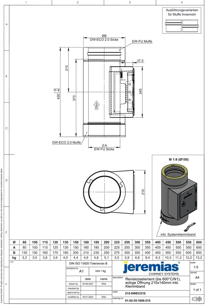 Jeremias DW-Black 130mm Revisionselement bis 600 Grad eckige Öffnung 210x140mm Edelstahl doppelwandig Abgasanlage für Öl Gas Festbrennstoffe