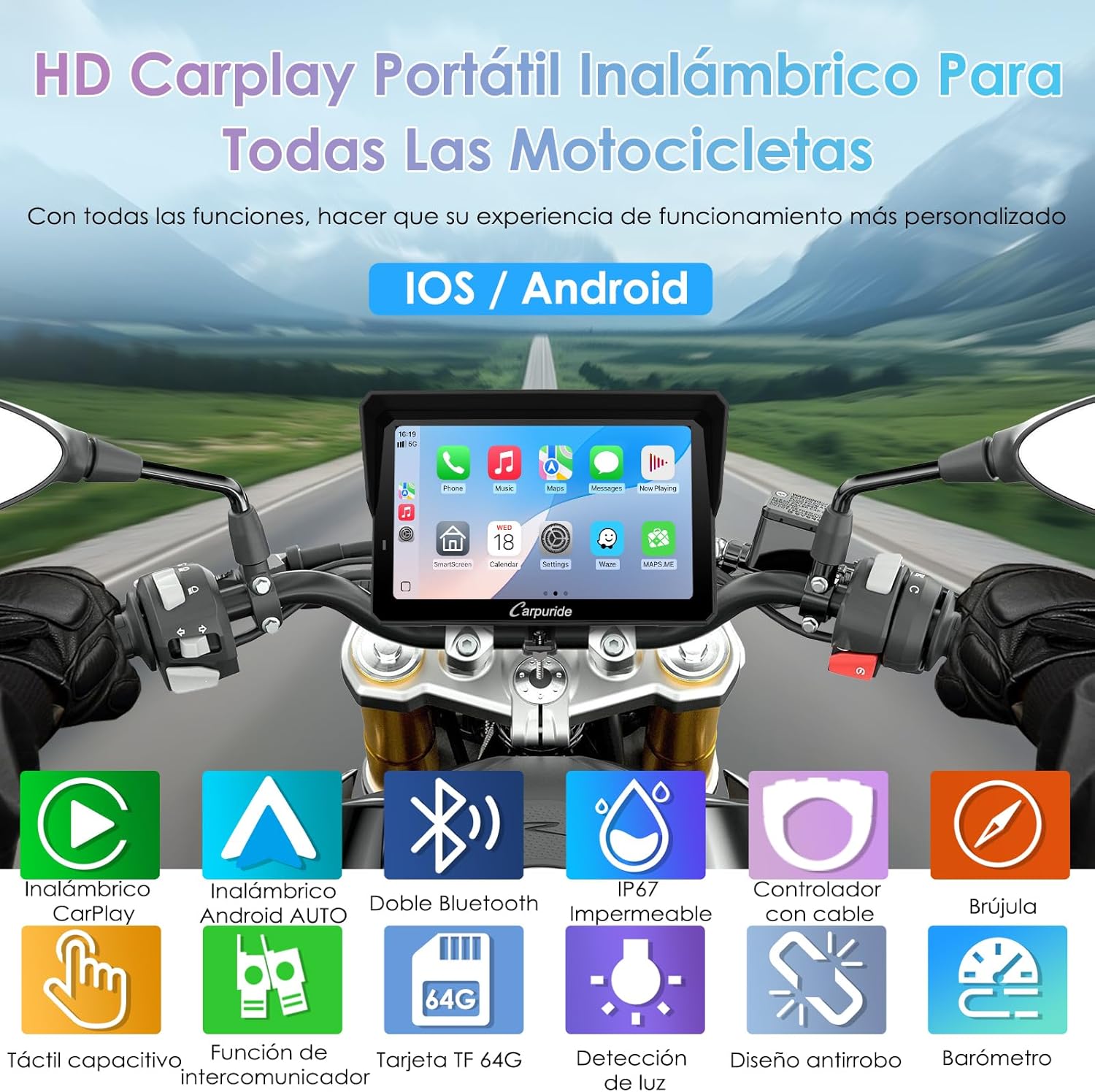 CARPURIDE W702S Pro Motocicleta CarPlay Pantalla con BM05 Soporte para Conectar y Usar, Inalámbrico CarPlay y Android Auto, 7