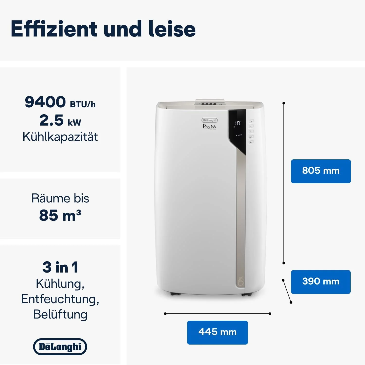 De'Longhi Pinguino PAC EM82, Condizionatore Portatile per ambienti fino a 80 m³, 9.400 BTU, 2,4 kW, 63 dB, Funzione Deumidificatore, Classe Energetica A, Timer 24h, Bianco