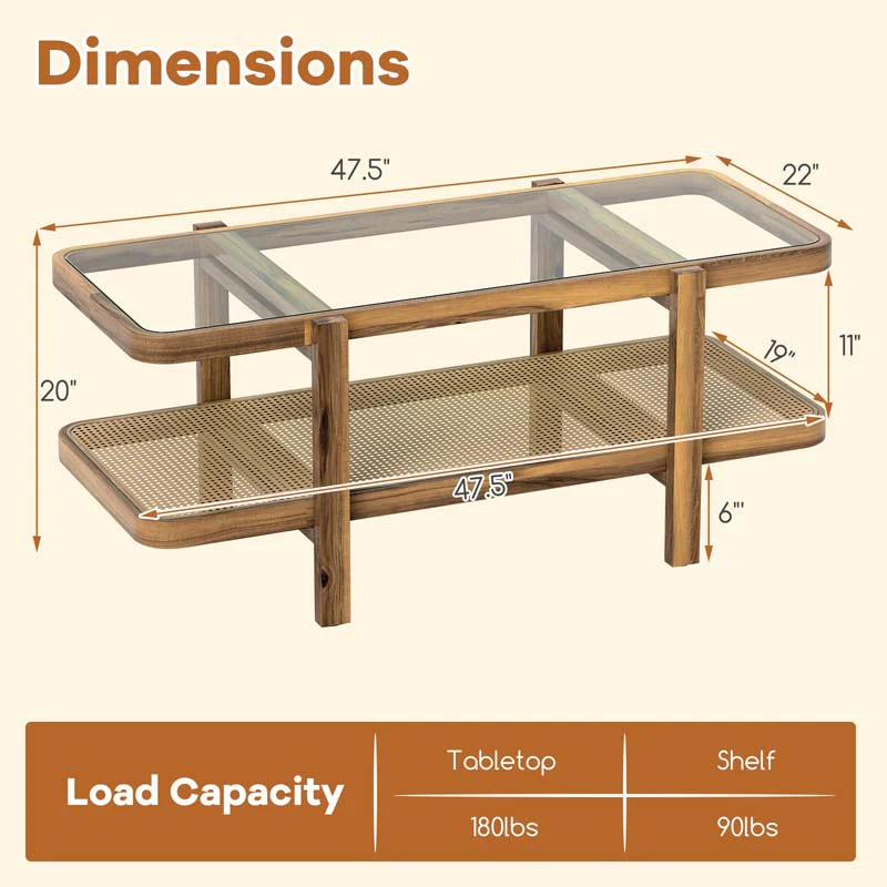 2-Tier Rattan Coffee Table, 47.5