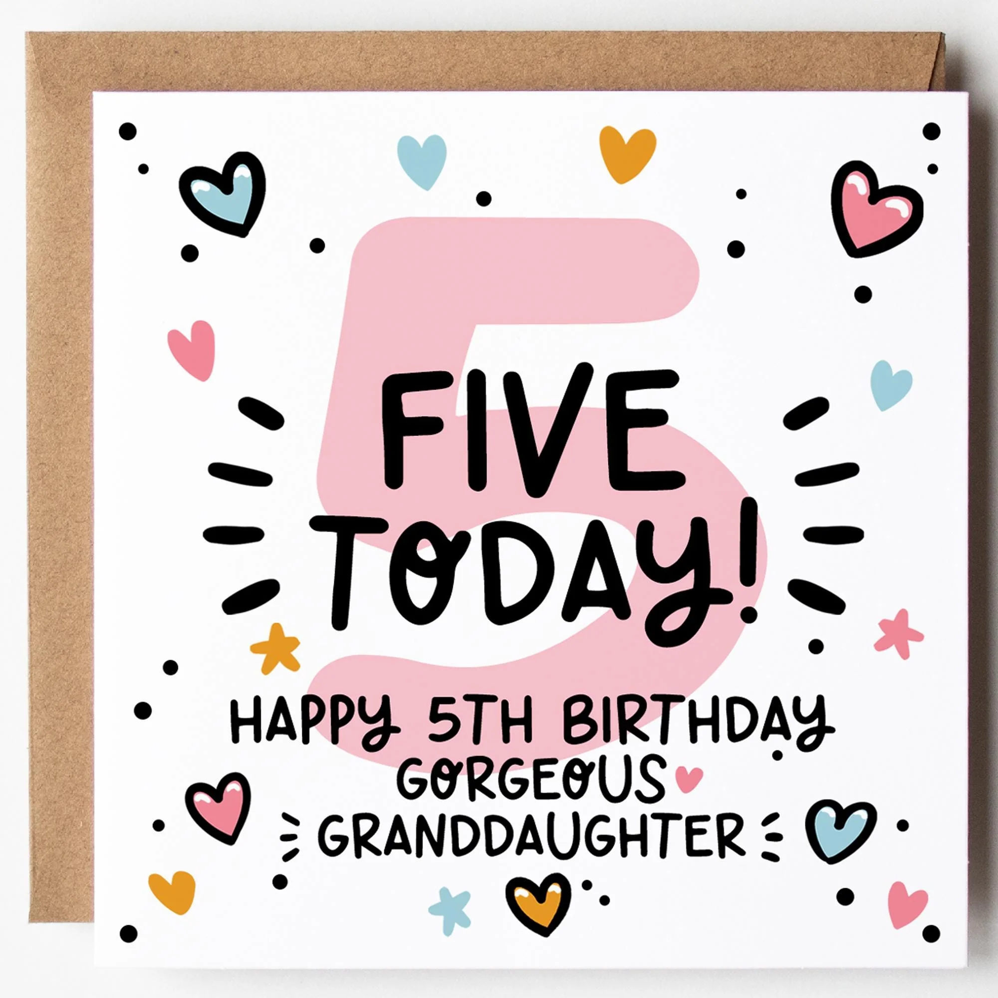 Granddaughter 5th Birthday Card; Five Today, with Kraft Envelope