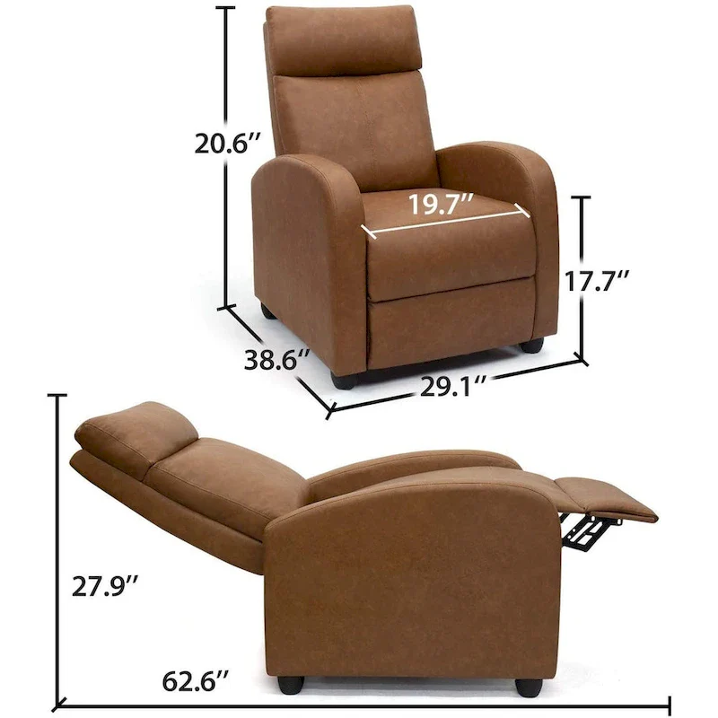 PU Leather Push-Back Recliner Chair, Brown / Black / Grey / Khaki / Red / Beige, Single