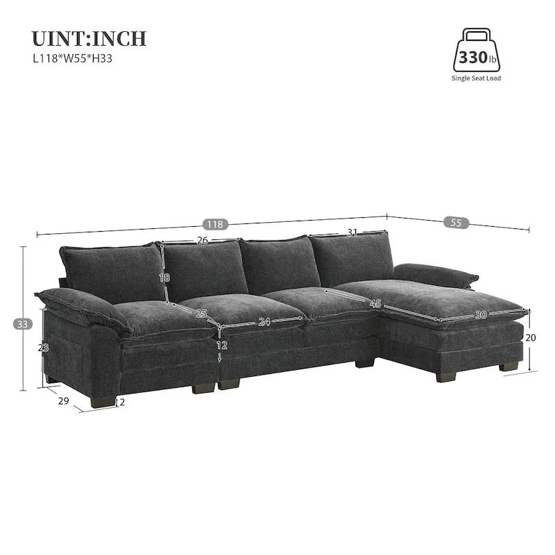 Modern 5-Seat L-Shaped Cloud Sleeper Sofa Couch with Chaise Lounge with Double Seat Cushions