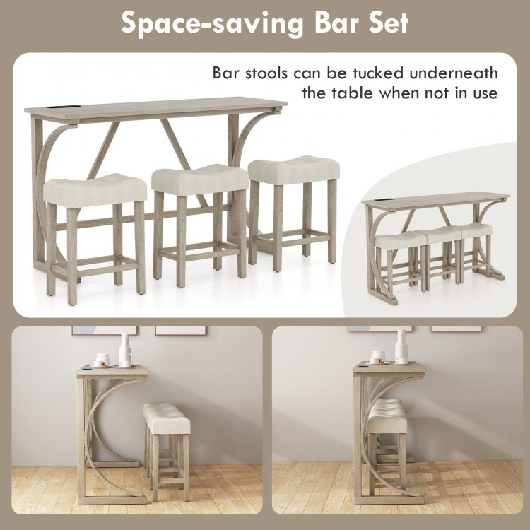 4-Piece Bar Table Set with Power Outlet and Upholstered Saddle Seat Stools
