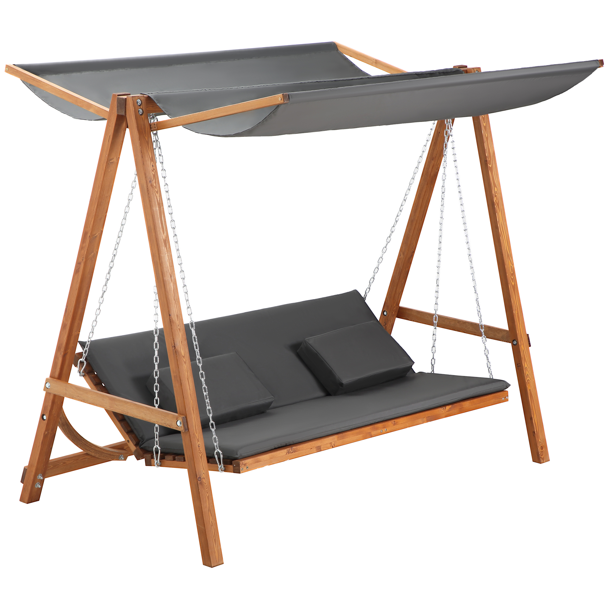 Outsunny hangmatschommel met bedfunctie 3-zits tuinschommel met dak ligbed tuinbank Lariks hout polyester grijs + teak 225.5 x 113 x 180 cm