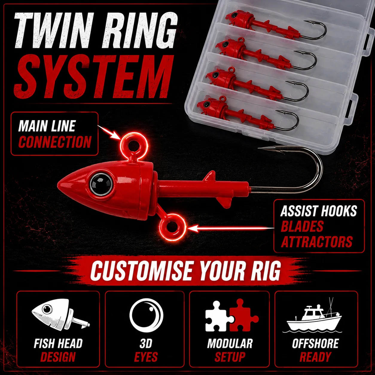 MASTERPRO Snapper Reef Fish Head Jighead Kit Twin Ring Offshore Soft Plastic Hooks