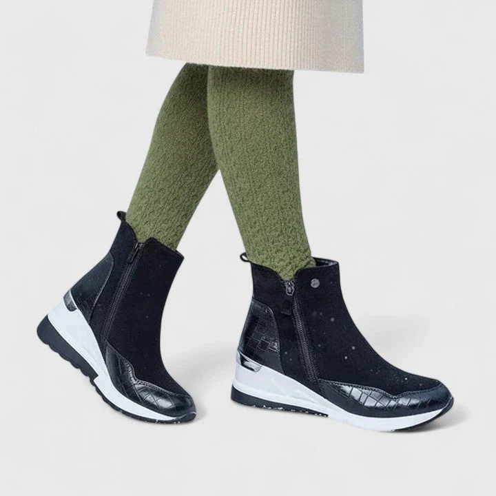Women��s Black Wedge Ankle Boots Croc-Panel Zip-Up Design