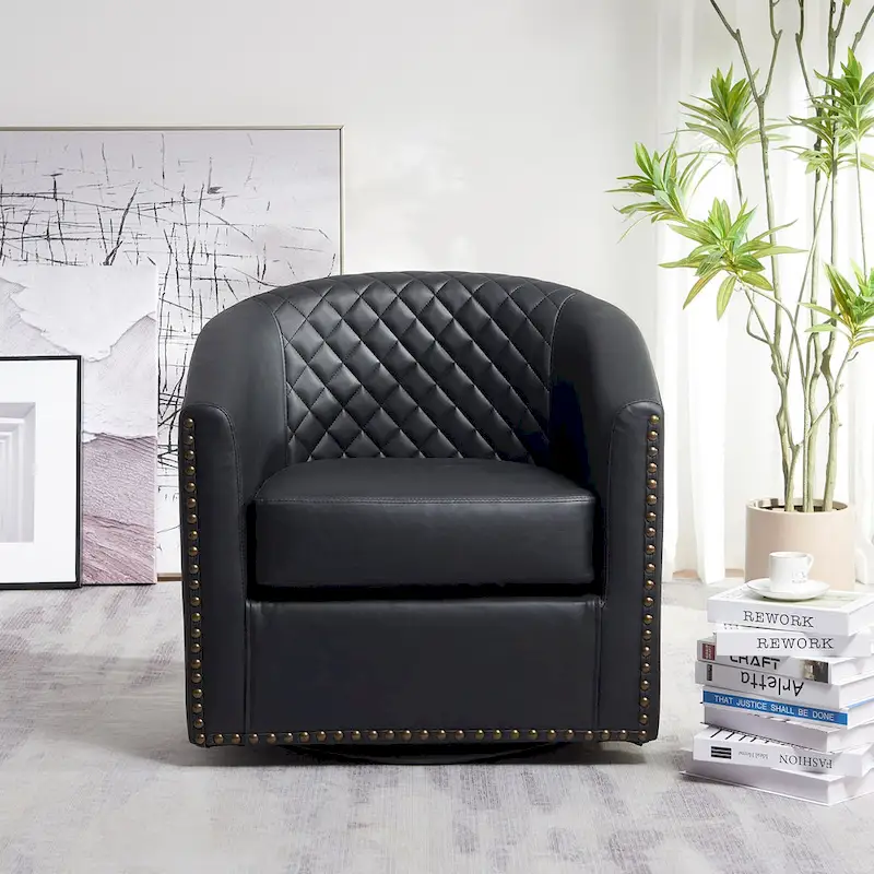KINWELL 29 Wide Tufted PU Leather Swivel Barrel Chair