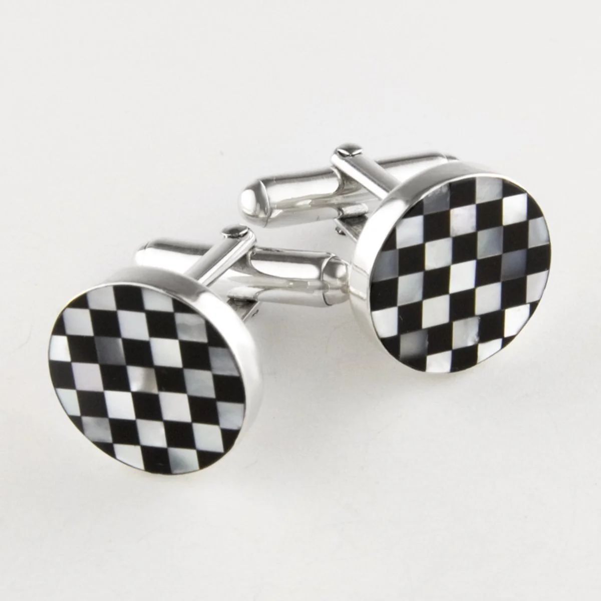 Round Black & White Small Check Inlay Cufflinks, Sterling Silver