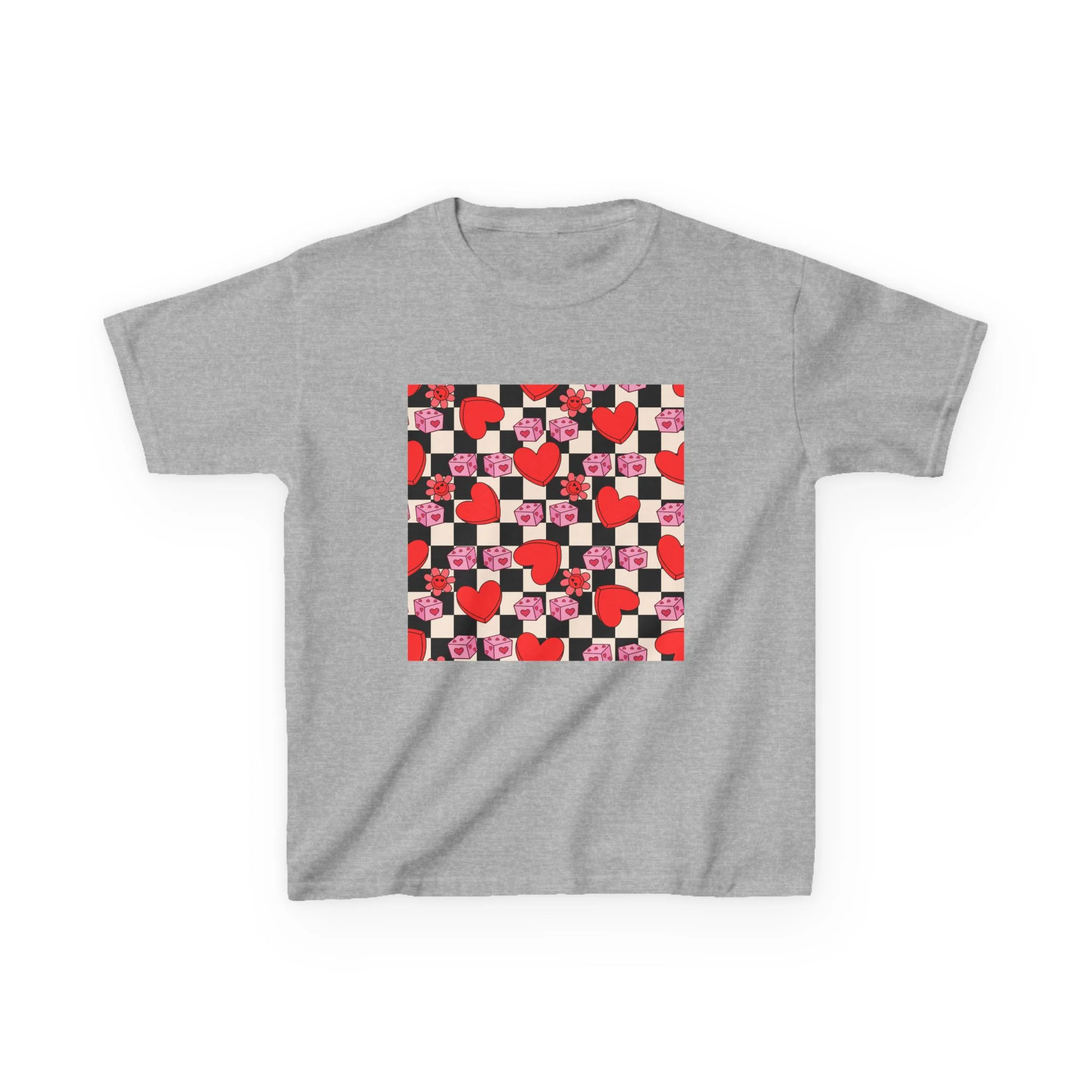 Checkerboard Hearts Kids Tee | Red Pink Black Heart Pattern