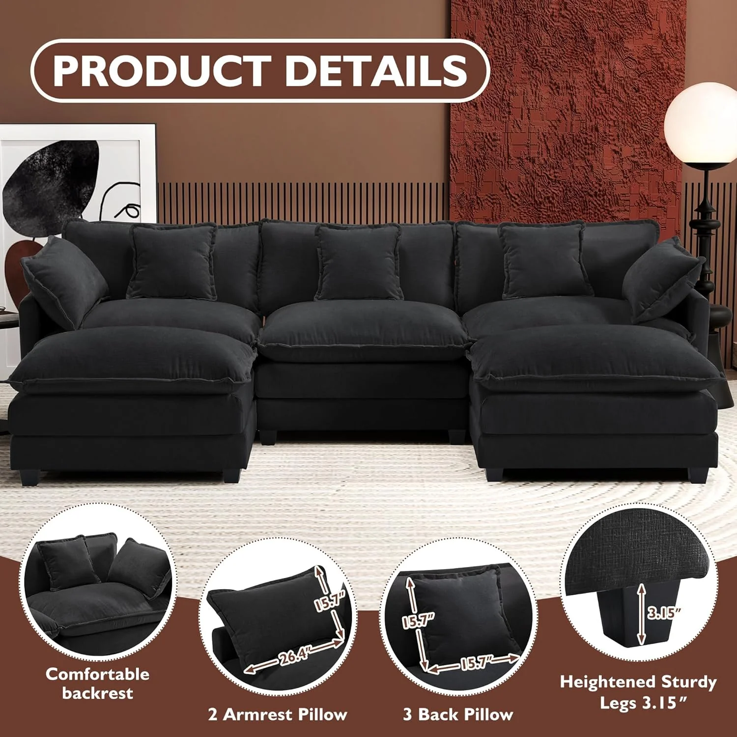 111.4 Inch L-Shaped Modern Sofa Modular Cloud Sofa Ottoman 4-Seater Chenille Deep Seat Sofa