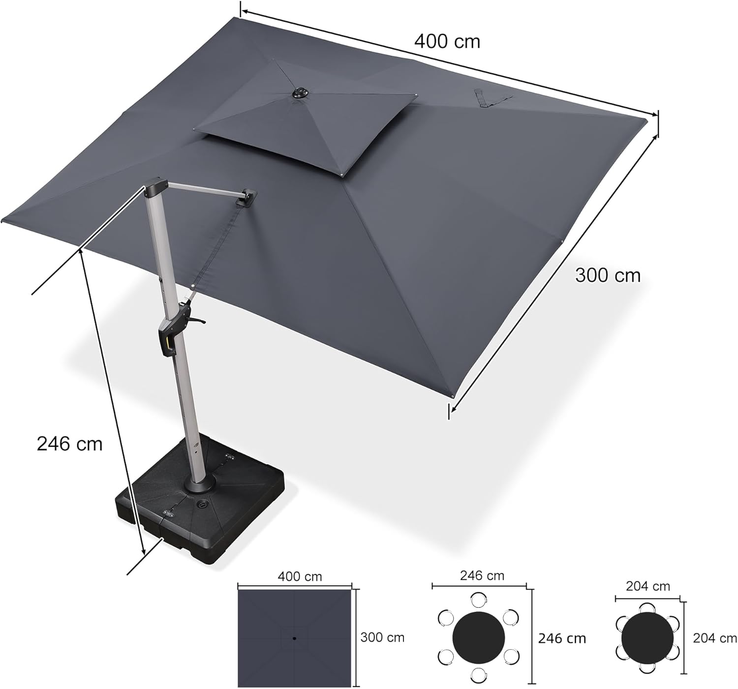 PURPLE LEAF Sonnenschirm Groß Rechteckig 300 x 400 cm Ampelschirm Stabil mit Sonnenschirmständer Marktschirm 360°Rotation, Gartenschirm mit Kurbel XXL Sonnenschutz UV50+, Grau