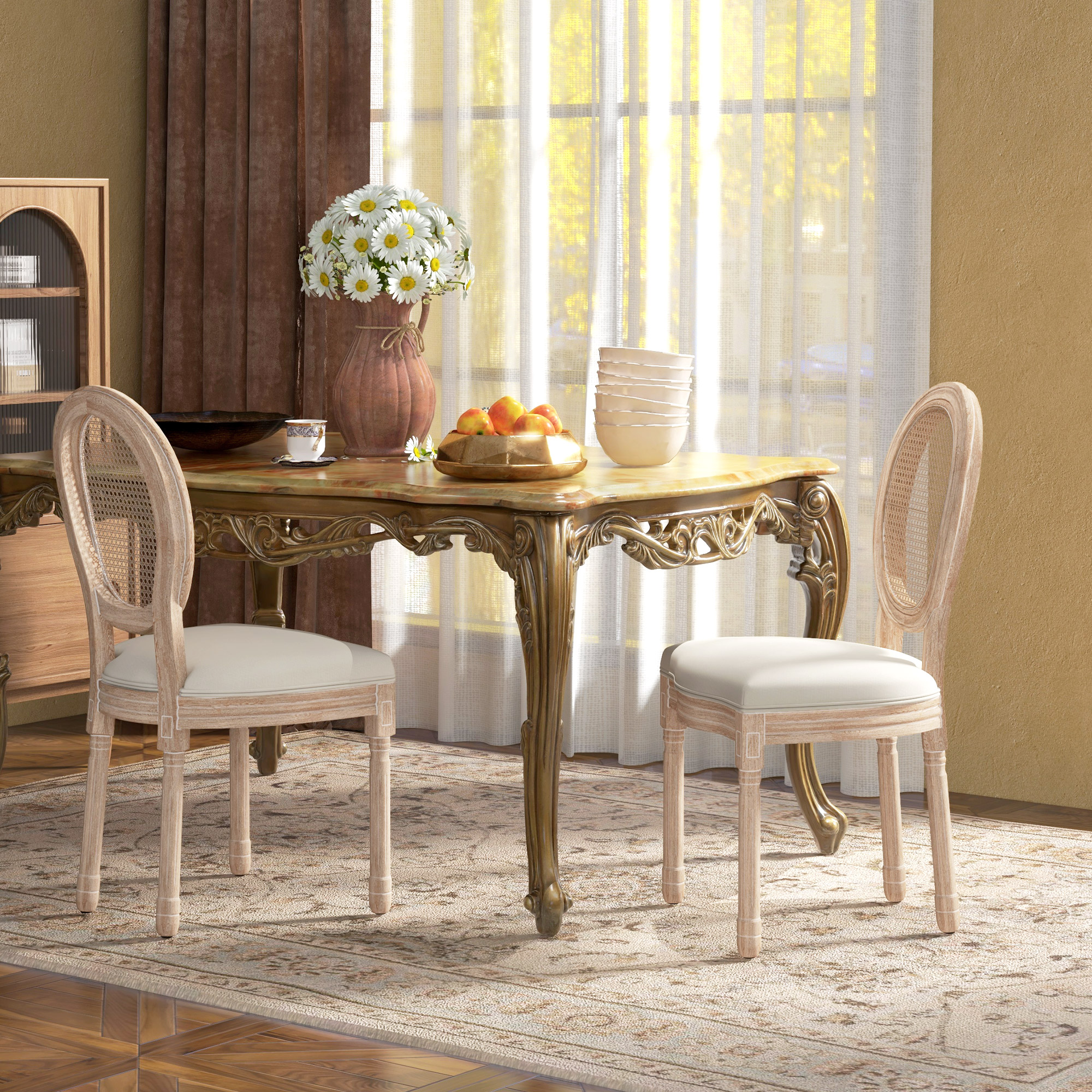 HOMCOM 2-delige set eetkamerstoelen keukenstoelen, vintage design, Weense vlechtwerk-look, natuur + crème