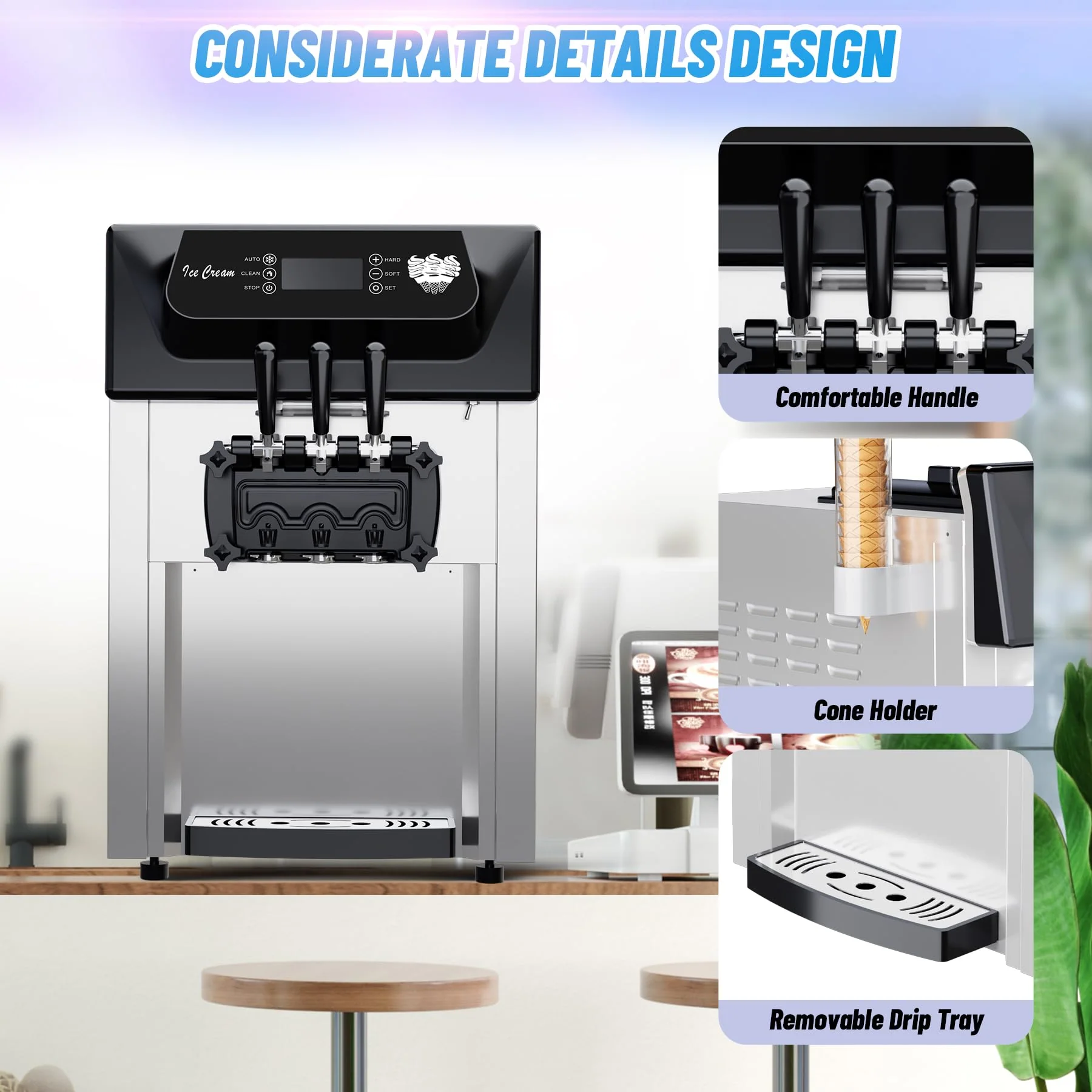 Garvee 2200W Commercial Ice Cream Machine, 3 Flavor Soft Serve Ice Cream Machine, 5.3-7.4 Gal/Hr, with LCD Touch Screen, Automatic Cleaning, High Productivity for Home Snack Bar & Restaurants