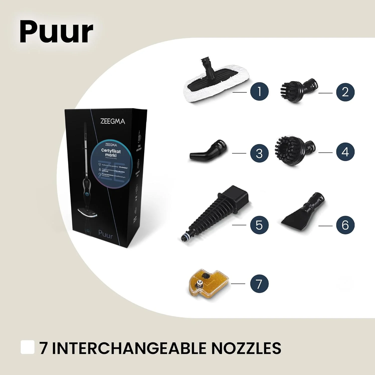 Zeegma PUUR Pulitore a Vapore, Pulizia Senza Prodotti Chimici, Pronto all'Uso in 25 Secondi, 7 Accessori Diversi, 2 Filtri per l'Acqua, Lunghezza Cavo 5m, Potenza 1500 W