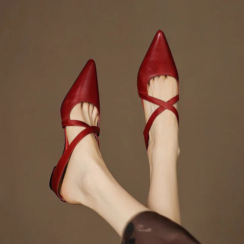 Women��s Leather Mules Pointed-Toe Cross-Strap Design with Low Heel