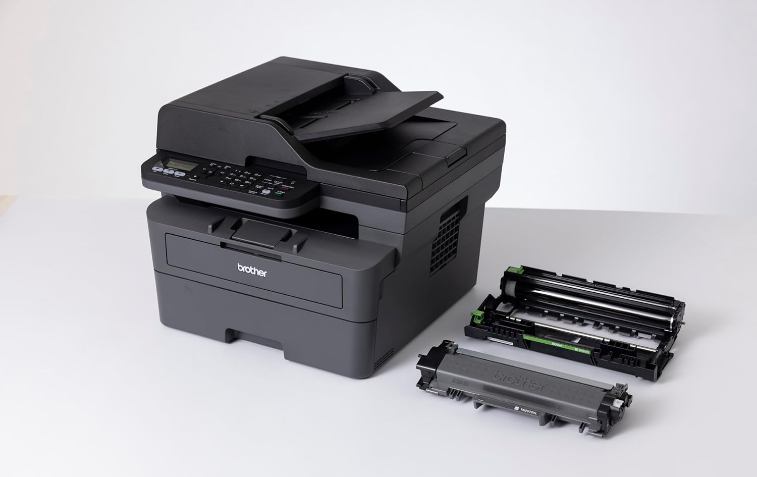 Brother MFC-L2827DW 4-in-1-Multifunktions-Laserdrucker schwarz-Weiss, 32 ppm, automatischer Duplexdruck, 2-zeiliges LC-Display, Fast Ethernet, WLAN mit 5 GHz und USB 2.0