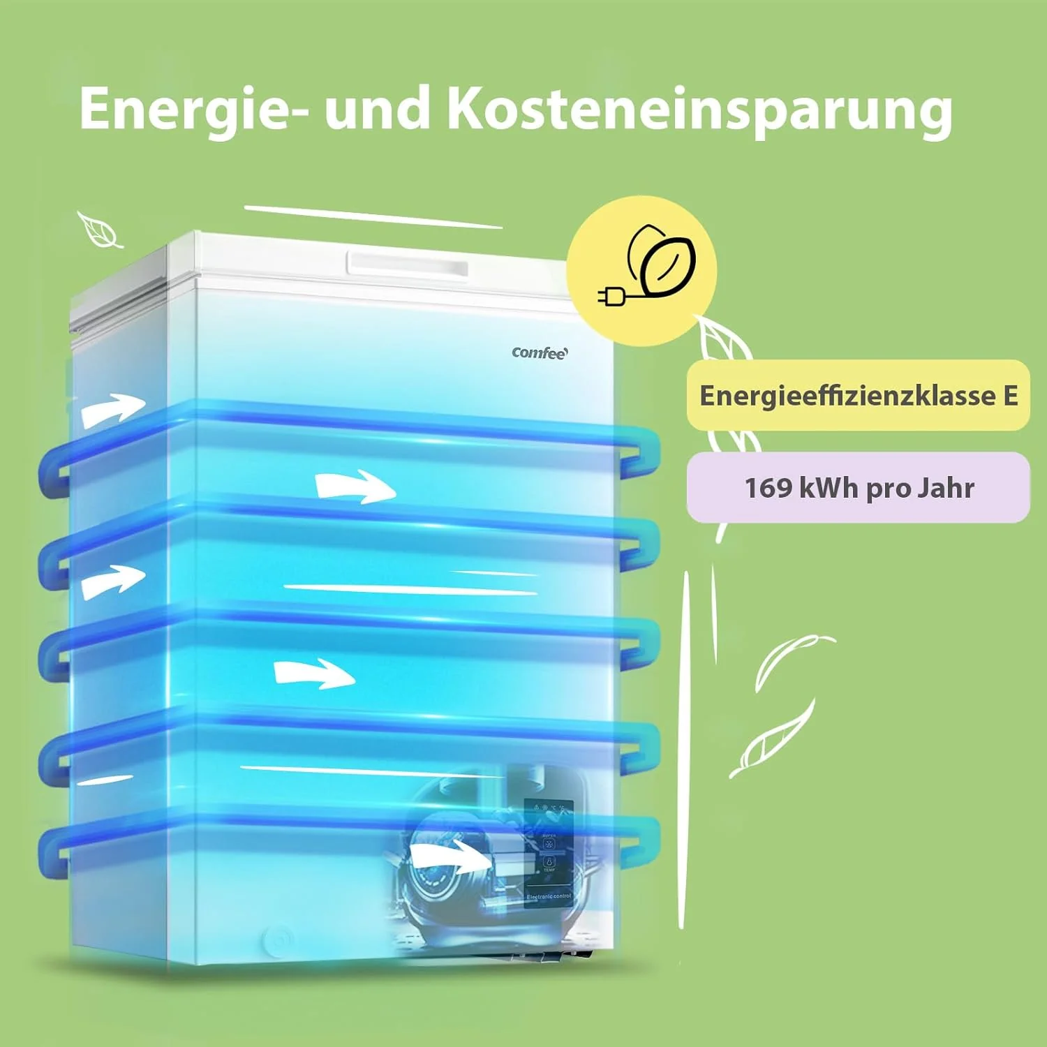 Comfee RCC100WH2(E) Gefriertruhe/169 kWh/Jahr/85cm hoch/99L/38dB/Geringe Lautstärke/Hoch effizientesD-förmigesRohr/Geeignet für verschiedene Einsatzszenarien/Einstellbarer Temperaturregler/Weiß
