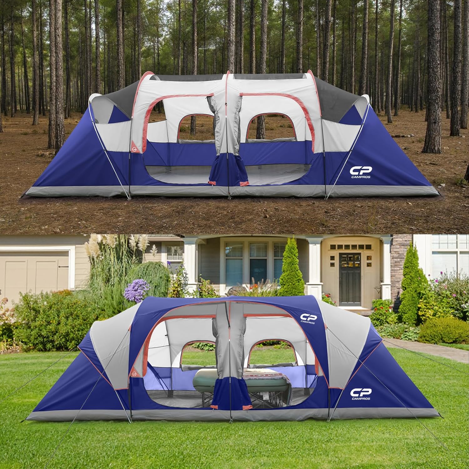 CAMPROS CP Tent 12-Person-Camping-Tents,3 Room Family Tents,Waterproof Windproof Family Tent with Top Rainfly,6 Large Mesh Windows,Double Layer,Easy Set Up, Portable with Carry Bag-20' x 9' x 72