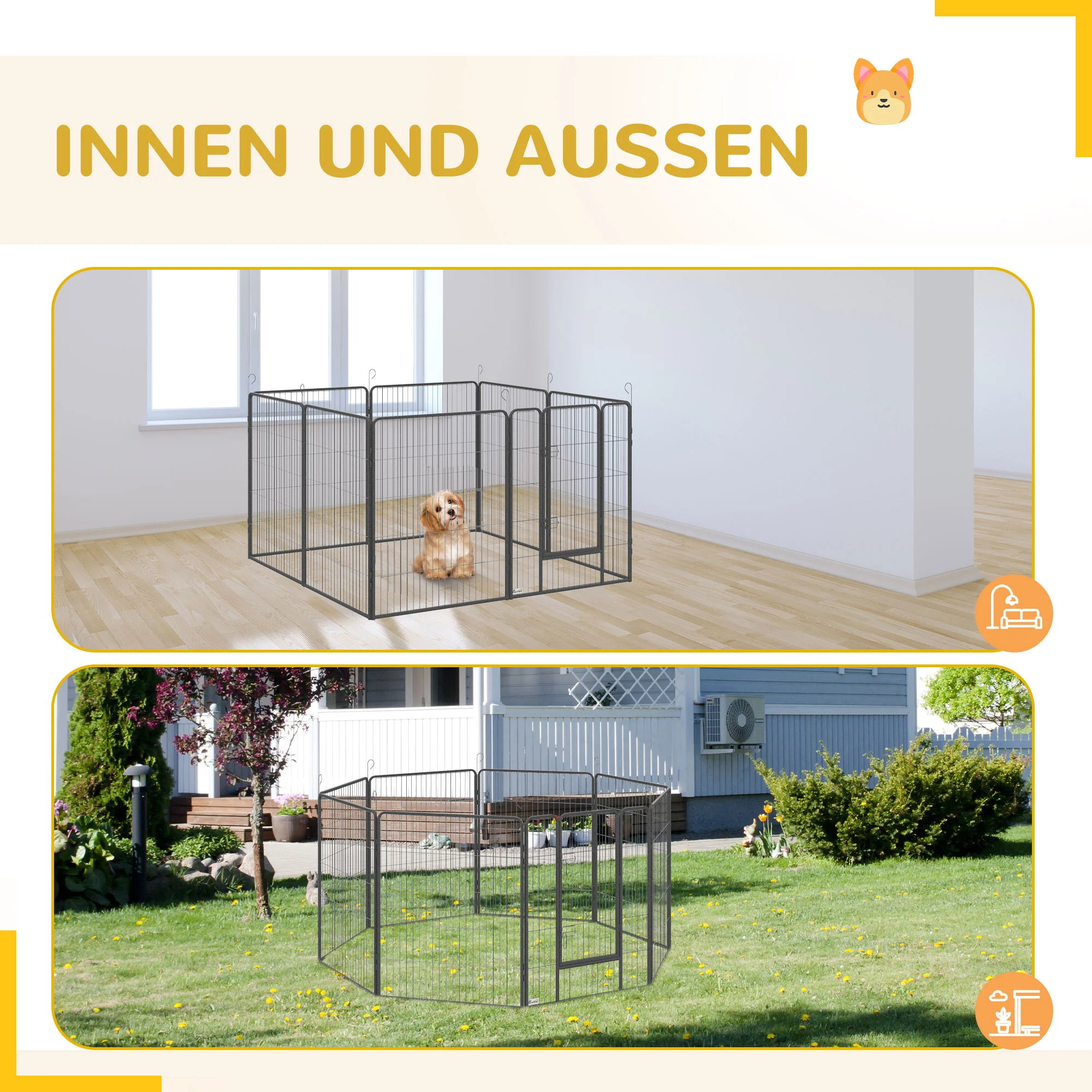 PawHut Puppy Run modulair ontwerp 16 panelen 2 deuren weerbestendig staal 3,2 x 3,2 x 1 m grijs
