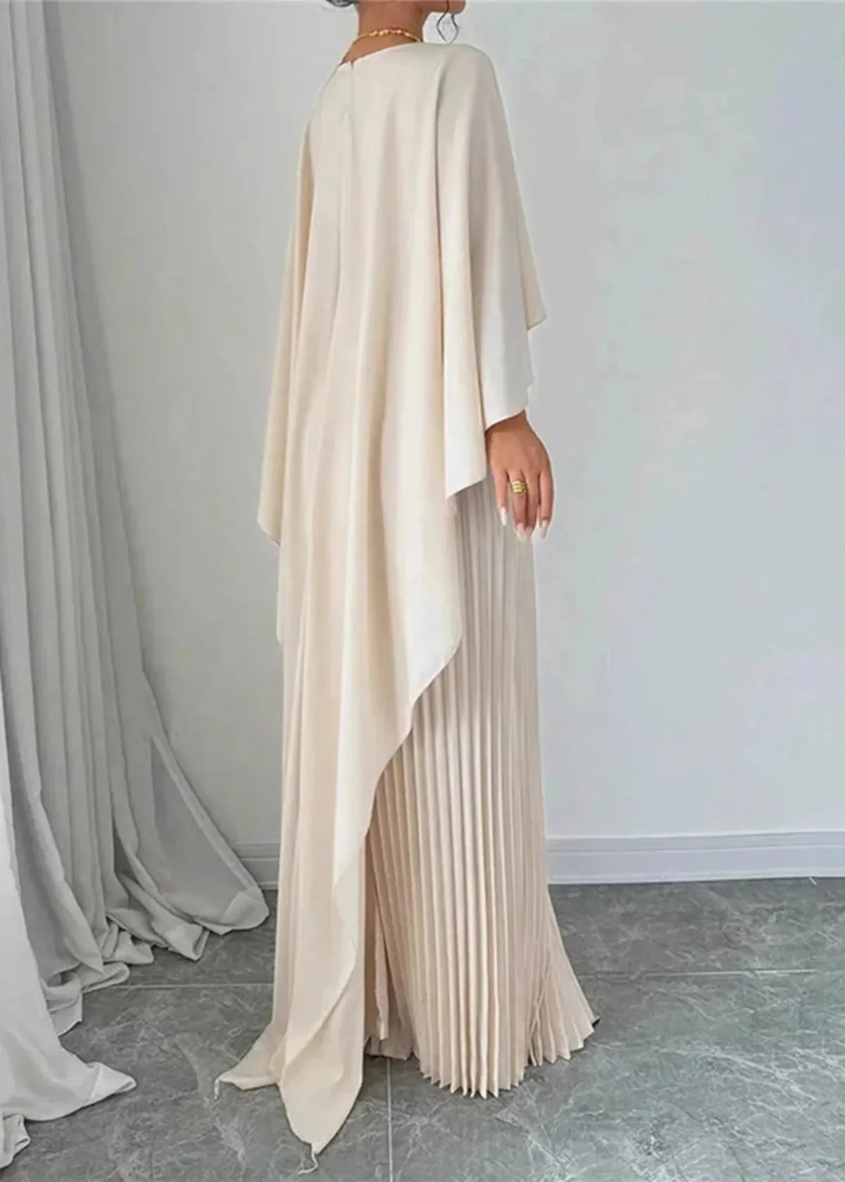 Womena??s Elegant Maxi Dress with Pleated Cape Overlay for Formal Occasions