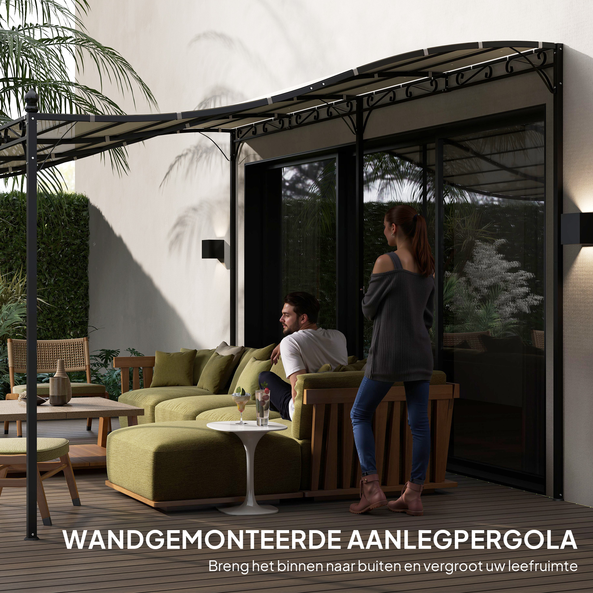 Outsunny 3 x 5 m Pergola, Flexibel Tuindak met Waterdichte Zeil en Metalen Frame, Schaduwplek, Crèmewit