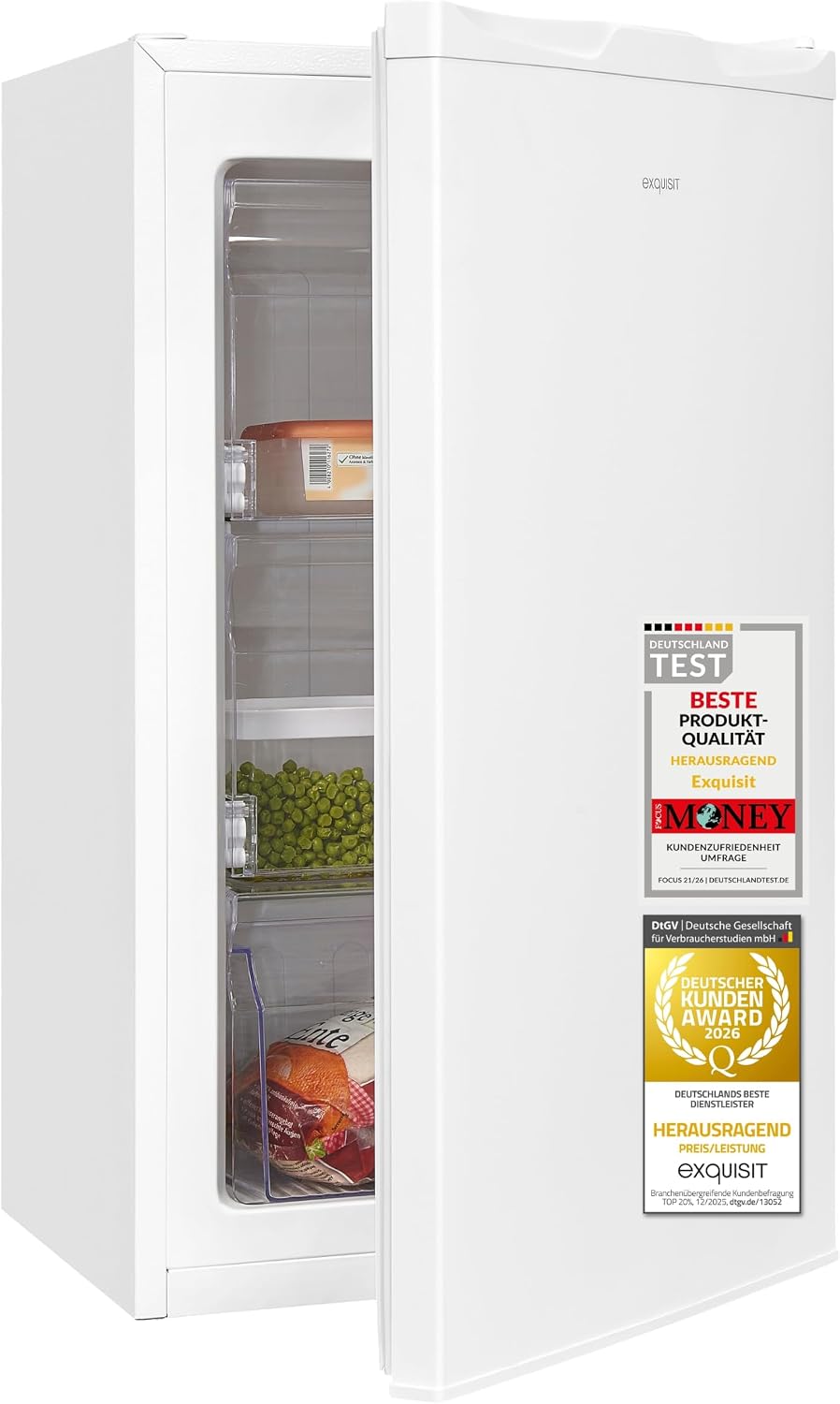 Exquisit Gefrierschrank | 63 l Nutzinhalt, Energieeffizienzklasse E, 39 dB(A) | kompakte Bauform, 4-Sterne-Gefrieren, manuelle Temperaturregelung, wechselbarer Türanschlag | GS5111-330E weiss