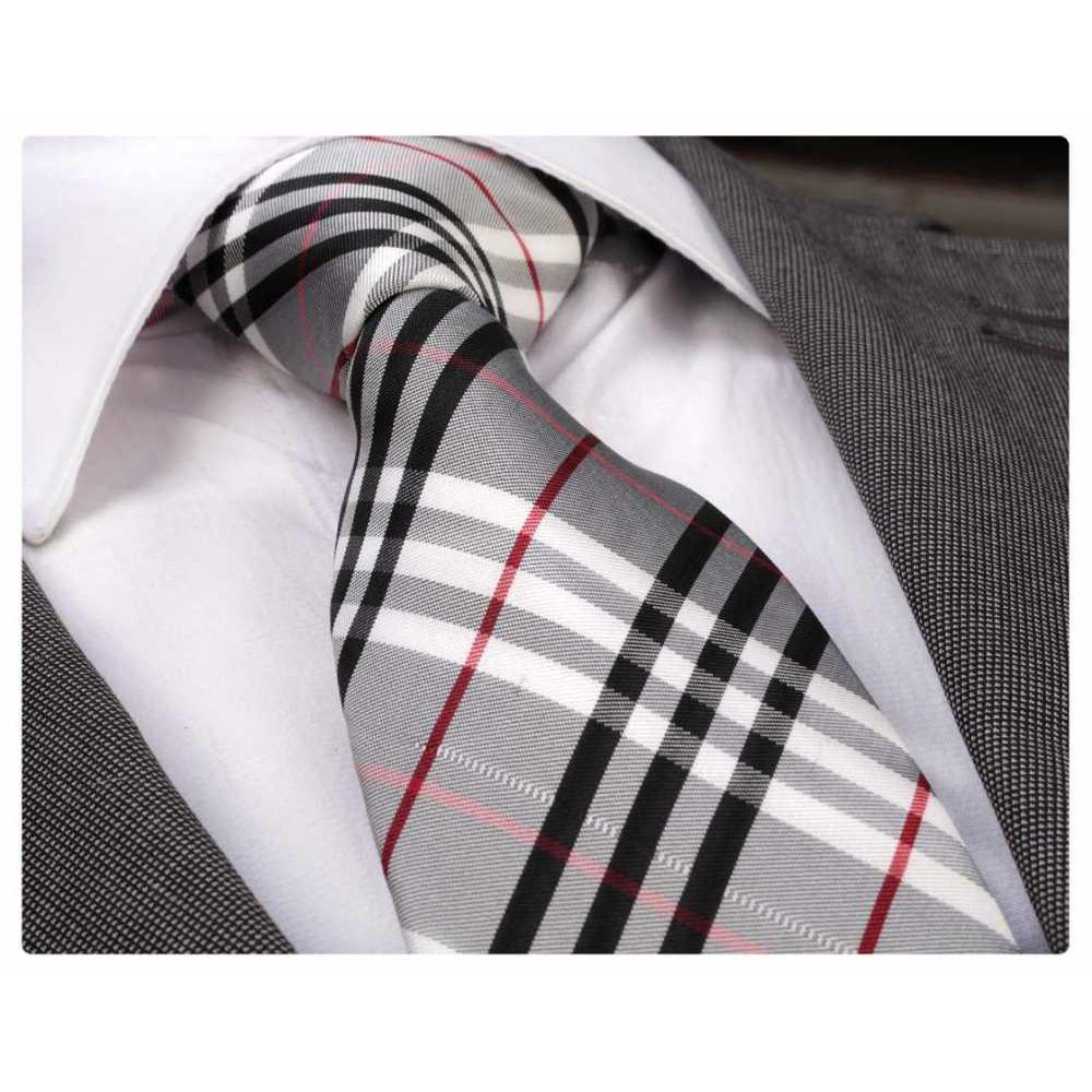 Grey Red White Plaid, Men's Premium Neck Tie