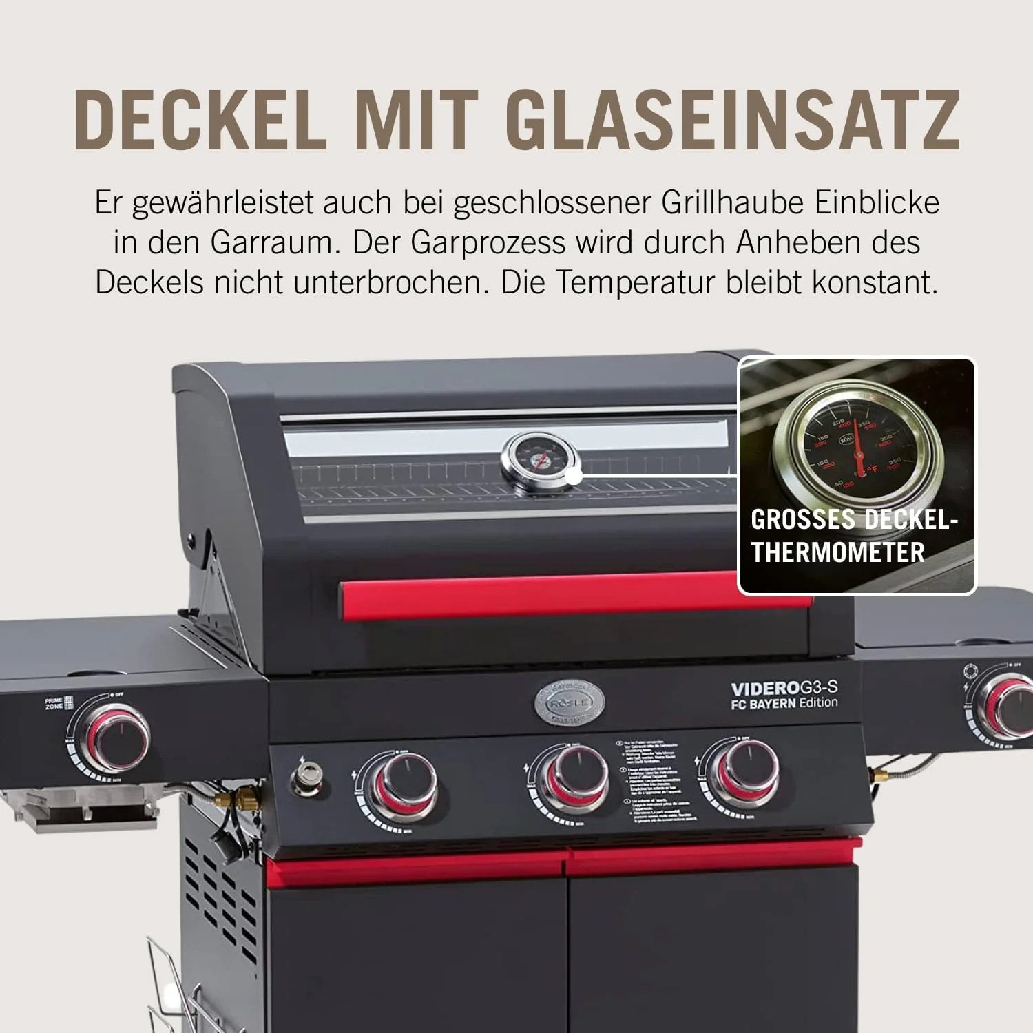 RÖSLE Elektrogrill BBQ-Portable Videro E2-P, tragbarer Tischgrill mit 2 Brennern, Warmhalterost und Deckel mit Glaseinsatz, pulverbeschichteter Stahl, schwarz/silbern