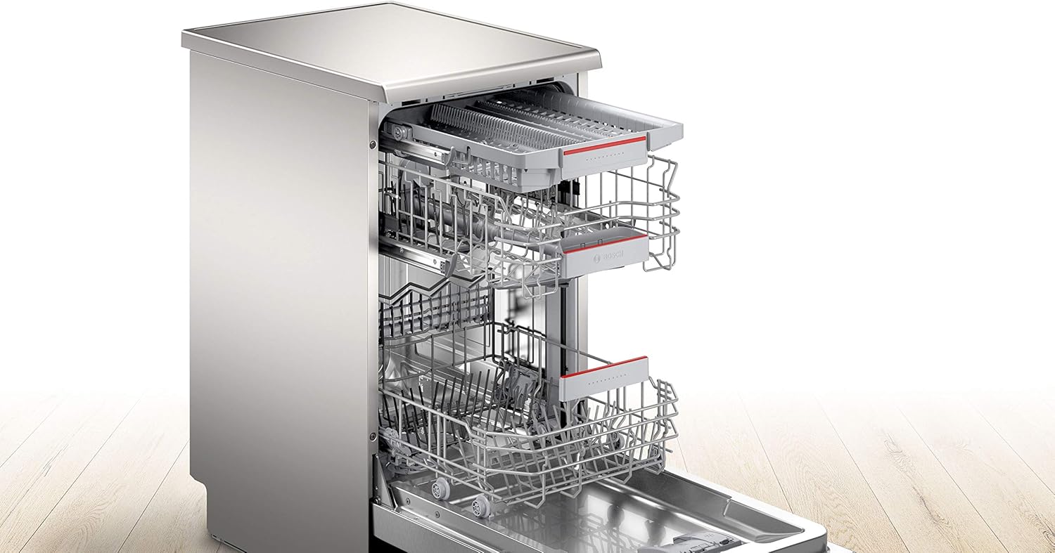 Bosch SPS4HMI61E Serie 4 Lavastoviglie a libera installazione / E / 45 cm / Acciaio inox / 76 kWh/100 cicli / 10 coperti / SuperSilence / Extra asciugatura / VarioCassetto / Home Connect
