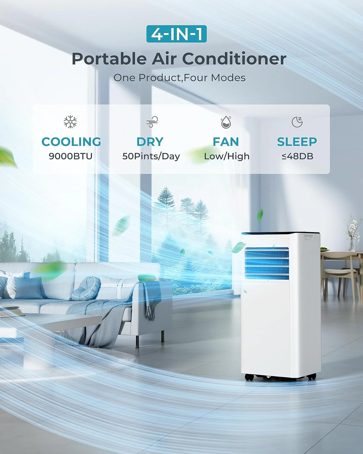 9000 BTU Portable Air Conditioner with Dehumidifier, Sleep Mode & Remote Control