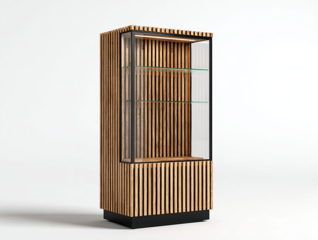 Vaisselier en noyer avec porte vitrée et espace de rangement fermé