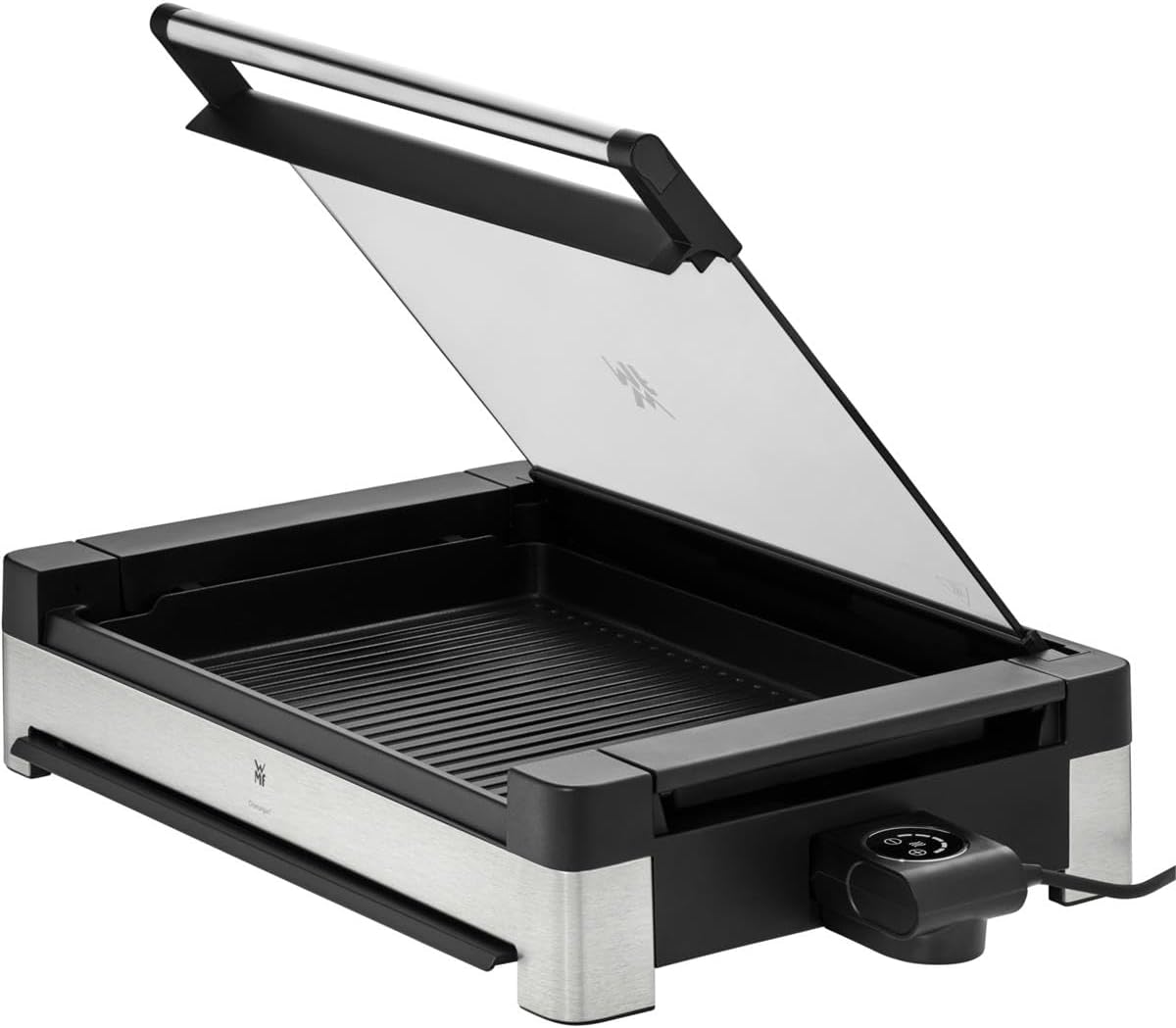 WMF Lono Tischgrill elektrisch mit Glasdeckel, beschichtete Grillplatte, herausnehmbare Auffangschale, spülmaschinenfest, Edelstahl matt, 2200 Watt