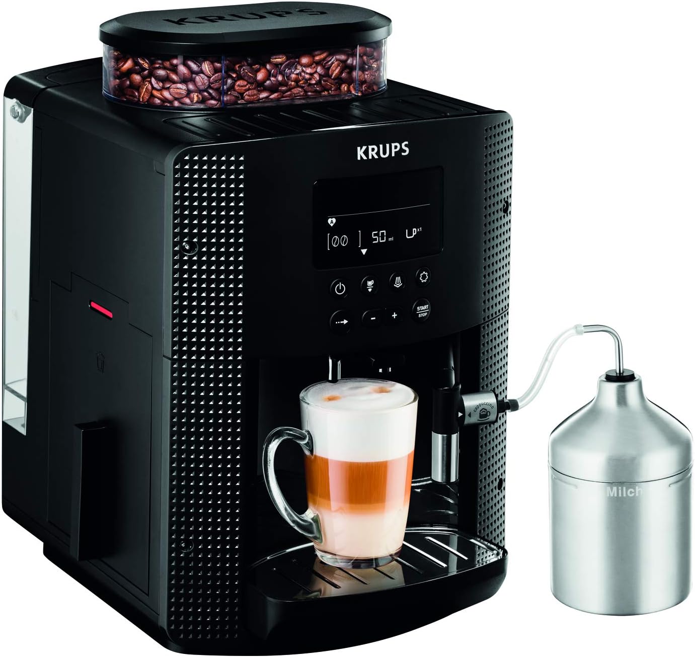 Krups Essential Kaffeevollautomat mit Milchschlauch, 2-Tassen-Funktion, LCD-Display, Einfache Reinigung, Kaffeemaschine, TÜV-Siegel, Schwarz, EA816031