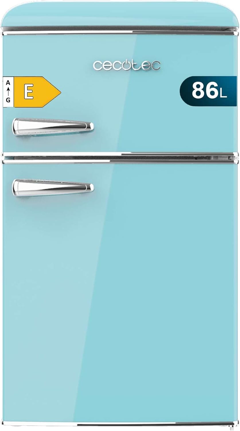 Cecotec Kleiner Kühlschrank - 2-türiger Kühlschrank - Retro 86L Bolero CoolMarket 2D Origin 86 Blue E. 89,3 cm Höhe und 48,7 cm Breite, Energieklasse E, Eisfach, Innenbeleuchtung und Chromgriff, Blau