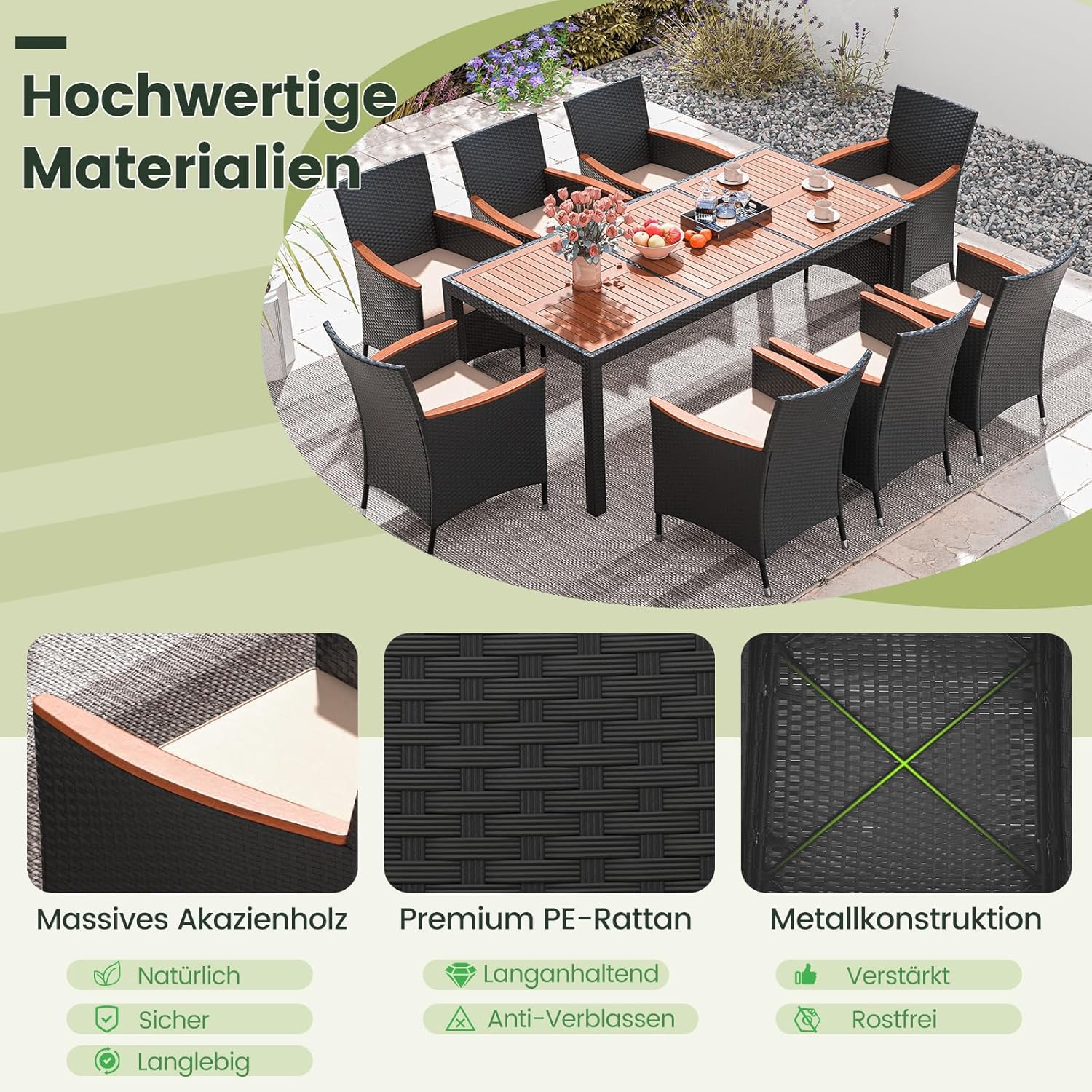 COSTWAY 9 TLG. Rattan Gartenmöbel Set, Sitzgruppe für 8 Personen, Gartentisch mit Tischplatte aus Akazienholz, 8 Stühle & Kissen, Terrassenmöbel Set, Gartengarnitur, Sitzgarnitur, Essgruppe