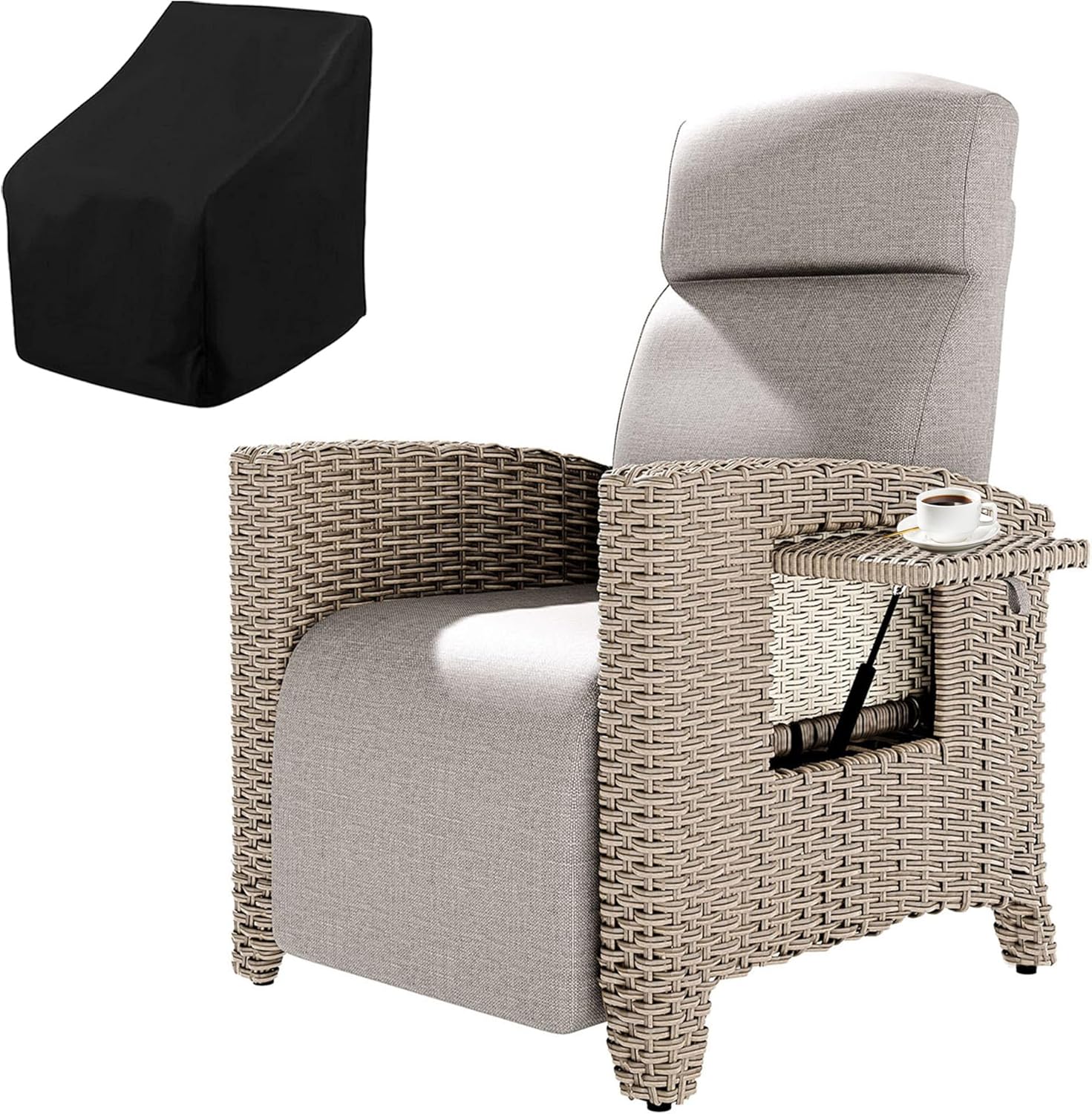 Großer Gartensessel mit Liegefunktion,Relaxliege Liegesessel mit Verstellbarer Rückenlehne,Verstecktem Fußhocker,Sonnenliege Rattan Für Balkon,Innen-Beige Sitzkissen und Braun Rattan