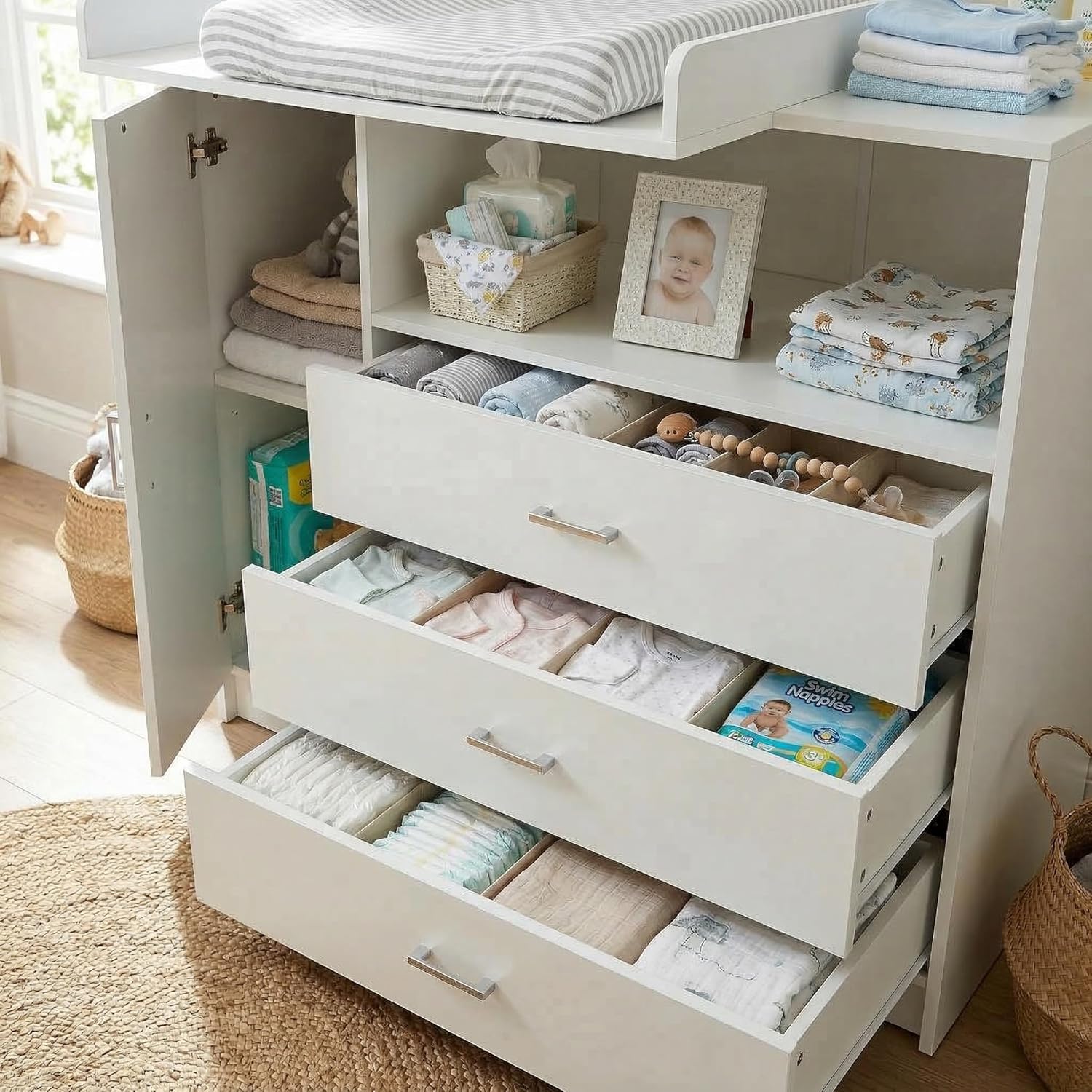 ecomi Wickelkommode Wickeltisch Baby Kommode aus Holz mit Wickelaufsatz, 3 Schubladen, 1 Tür, 100 cm Höhe in Weiß, Wickeltisch 113x100 cm Griffe verchromt