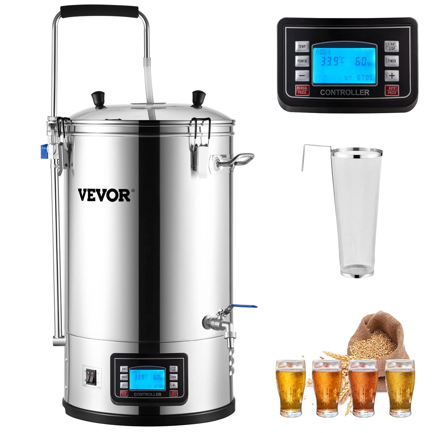 VEVOR Sistema di Produzione Automatico per Birra da 30L, Kit di Produzione di Birra con Pompa di Circolazione e Accessori Completi, Attrezzatura di Produzione di Birra per Uso Commerciale o Domestico