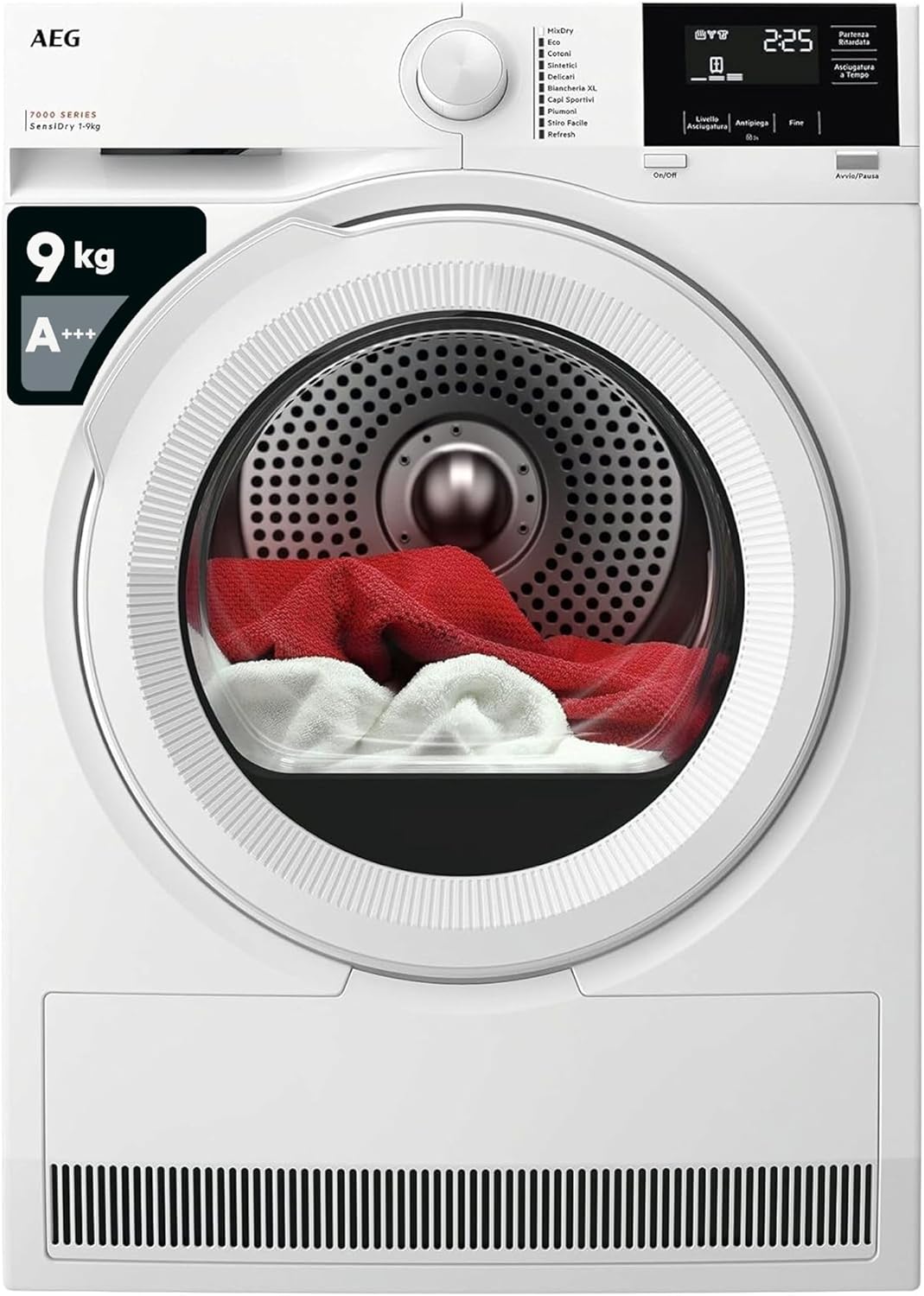AEG Asciugatrice 7000 SensiDry 9 kg TR7G93W, Classe A+++, Tecnologia PreciseDry e MixDry per Cotoni e Sintetici, Filtro EcoFlow, Antipiega, Sportello Reversibile, Pompa di Calore, 850x596x636 mm